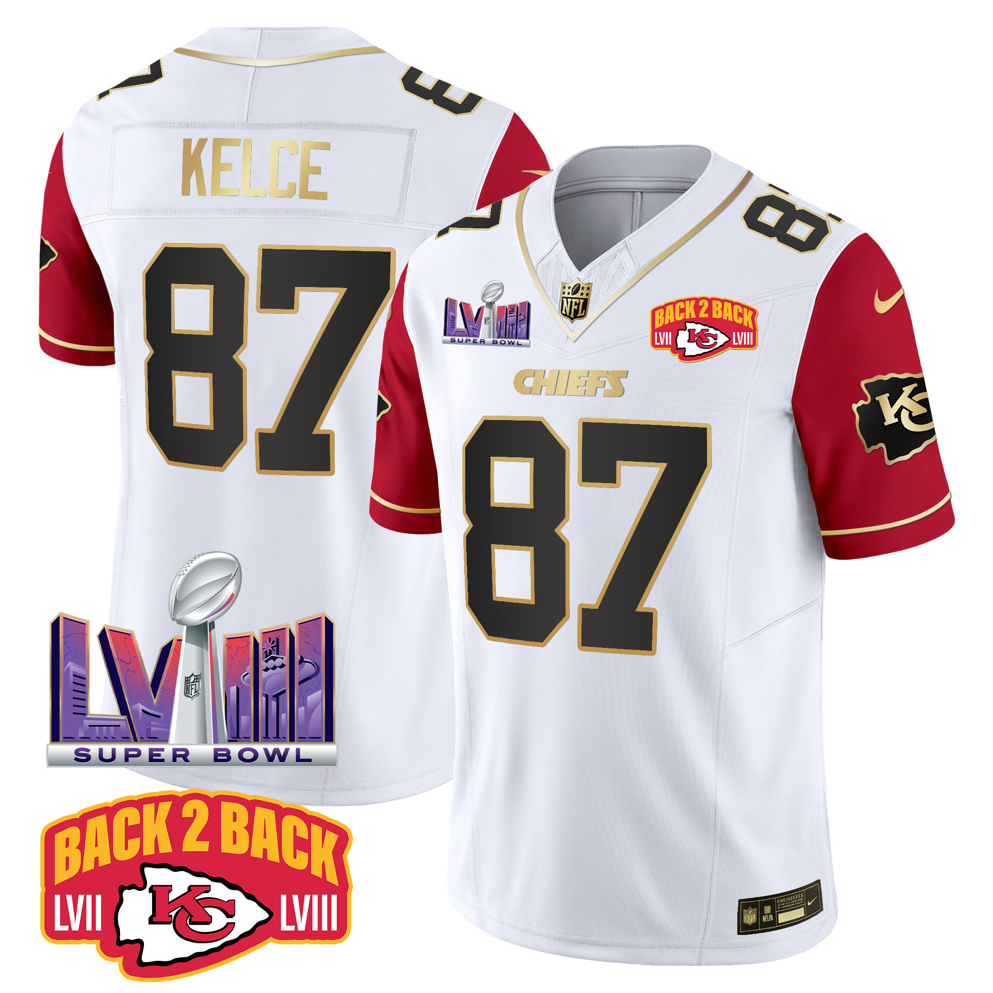 Travis Kelce Men's Kansas City Chiefs Super Bowl LVIII & Back 2 Back Patch Vapor Color Sleeves Jersey - All Stitched