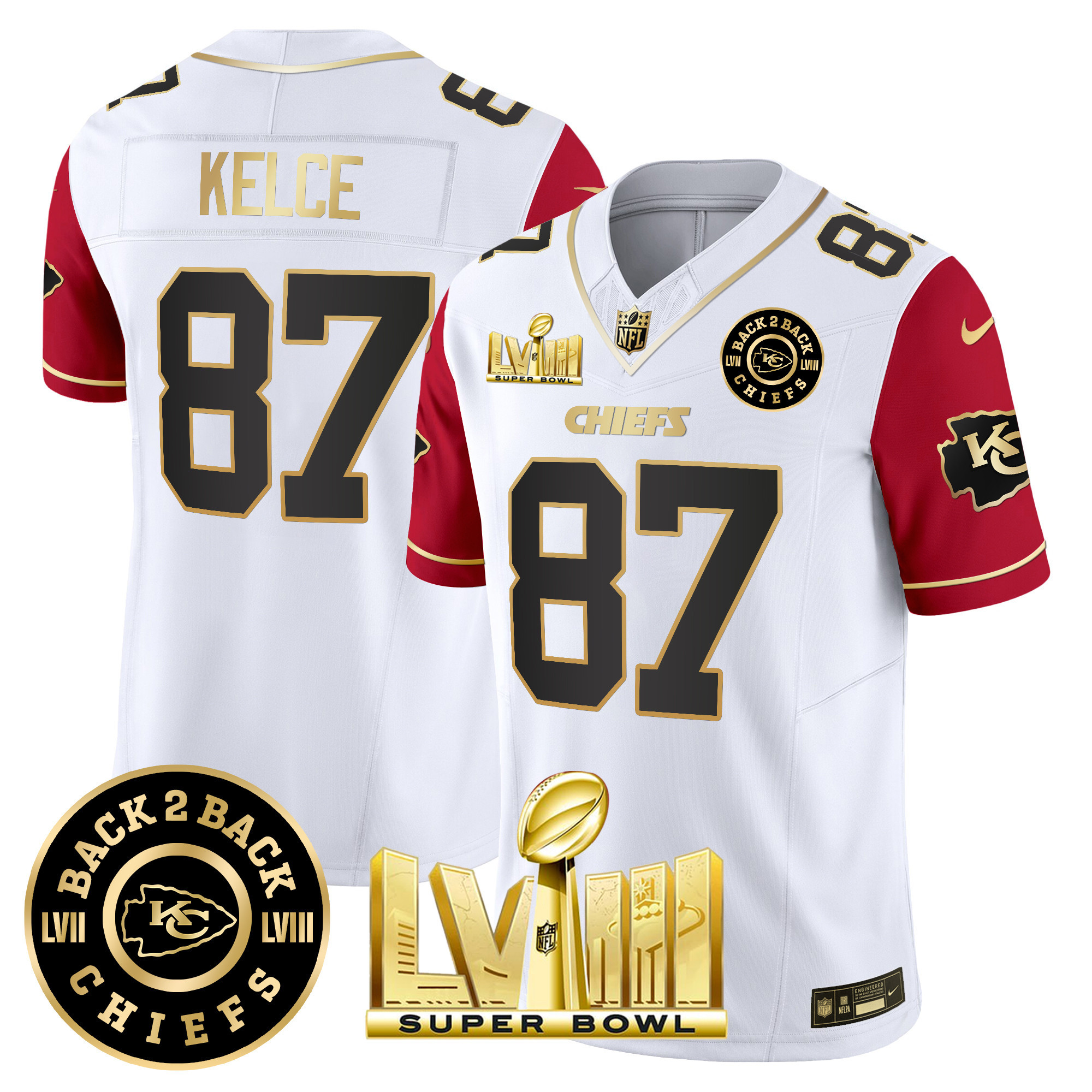 Travis Kelce Men's Kansas City Chiefs Super Bowl LVIII & Back 2 Back Patch Vapor Color Sleeves Jersey - All Stitched