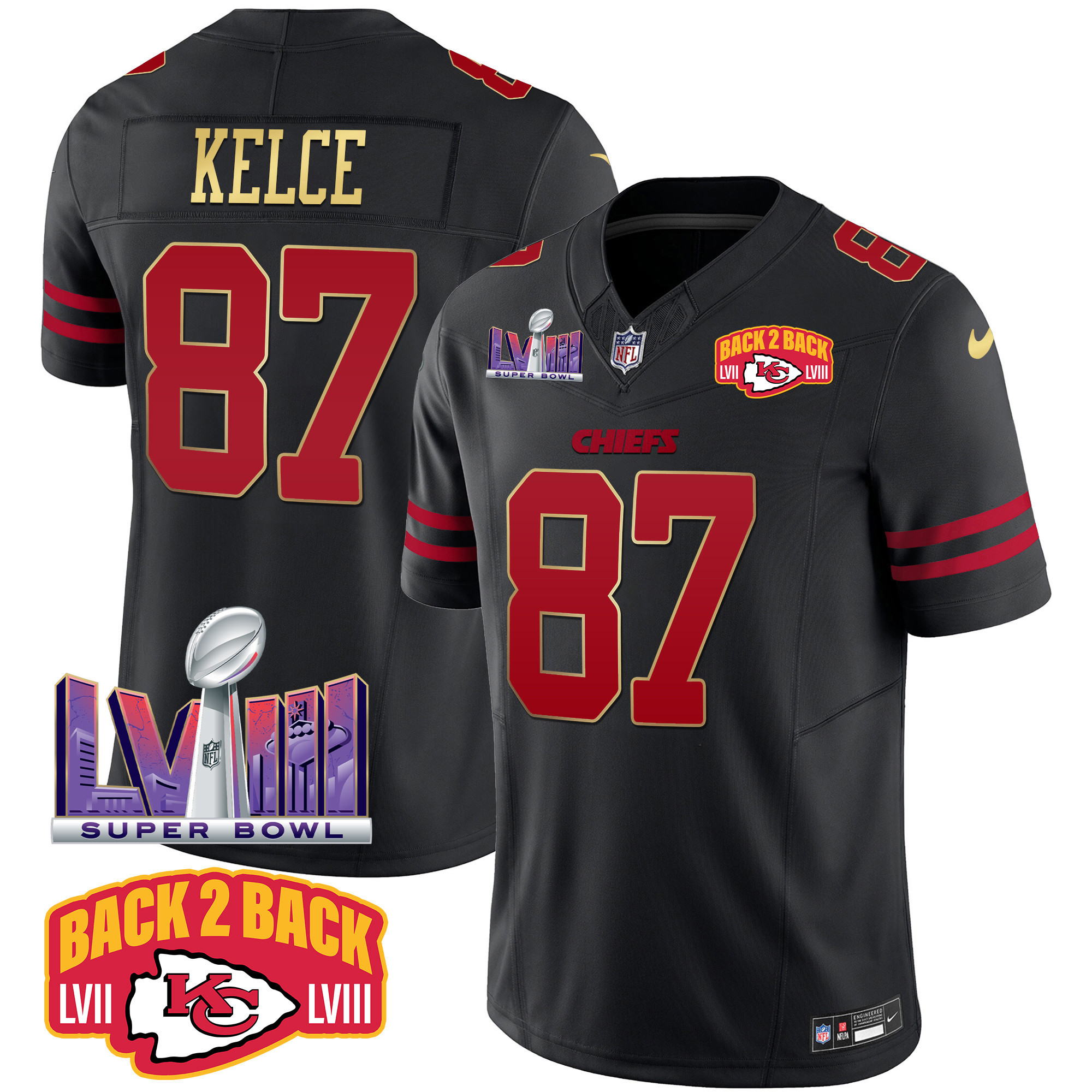 Travis Kelce Men's Kansas City Chiefs Super Bowl LVIII & Back 2 Back Patch Vapor Gold Trim Jersey - All Stitched