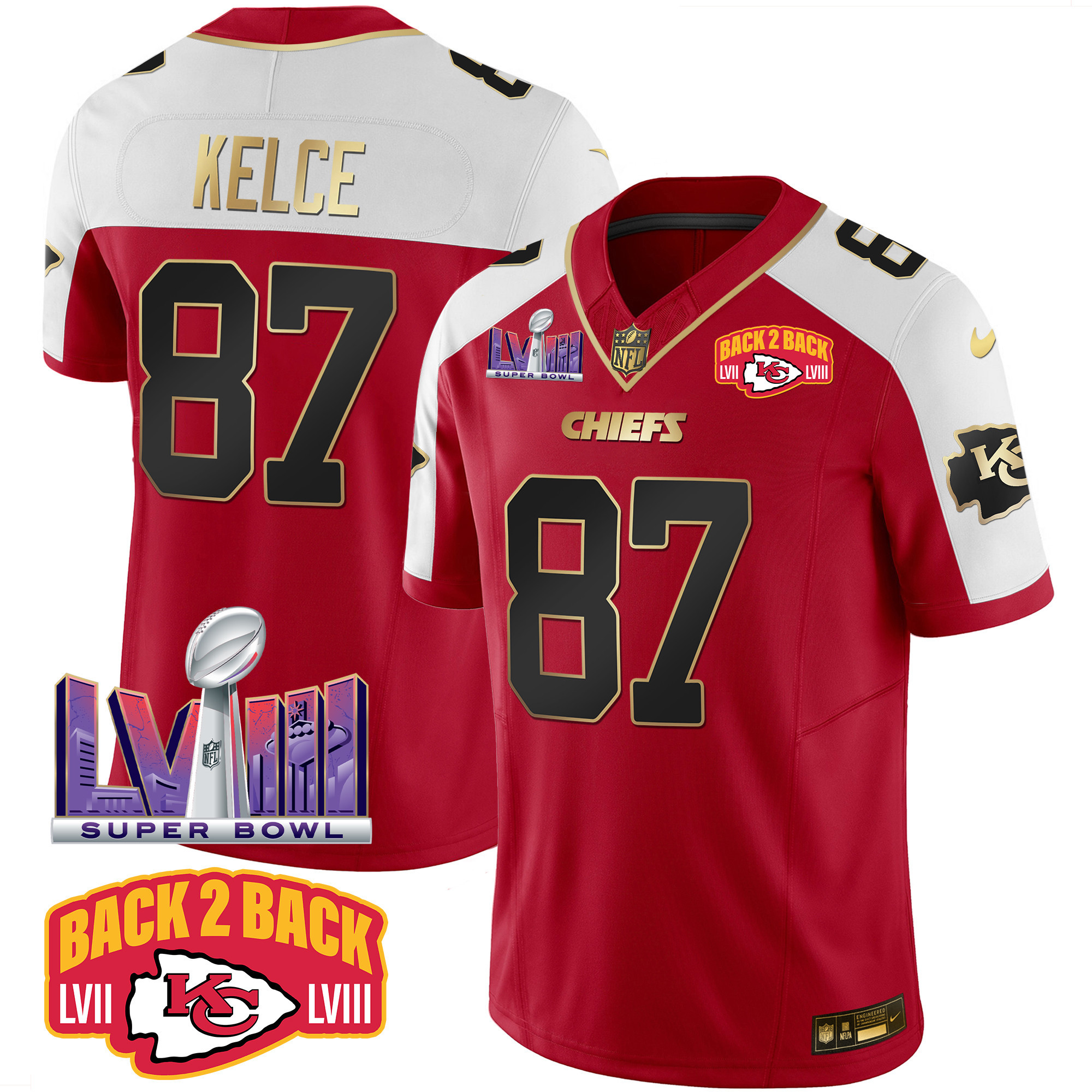 Travis Kelce Men's Kansas City Chiefs Super Bowl LVIII & Back 2 Back Patch Vapor Red Alternate Jersey - All Stitched