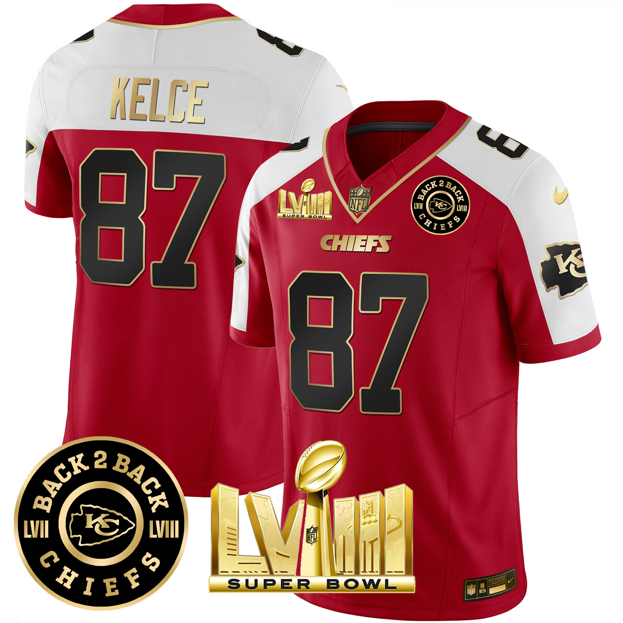 Travis Kelce Men's Kansas City Chiefs Super Bowl LVIII & Back 2 Back Patch Vapor Red Alternate Jersey - All Stitched