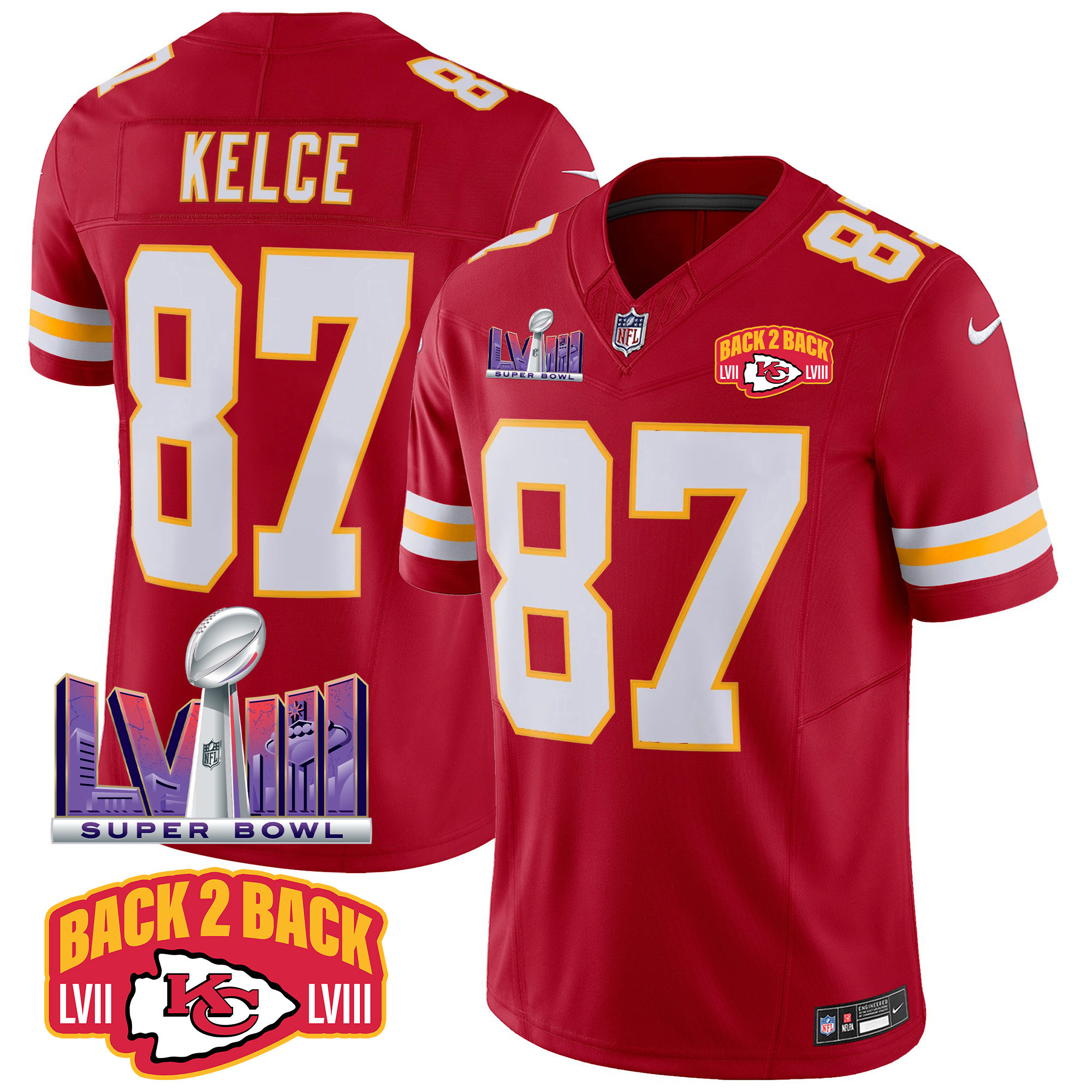 Travis Kelce Men's Kansas City Chiefs Super Bowl LVIII & Back 2 Back Patch Vapor Red Jersey - All Stitched