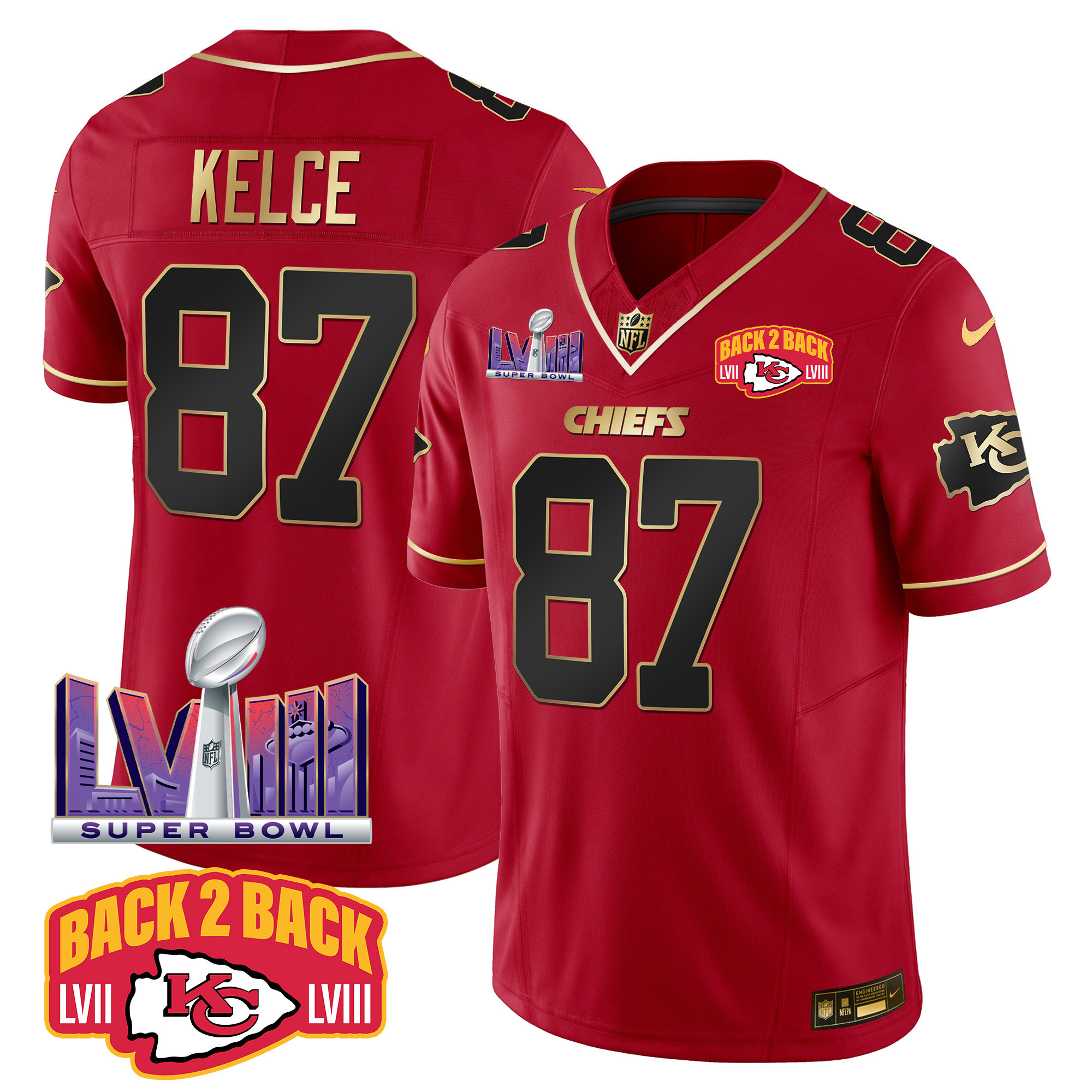 Travis Kelce Men's Kansas City Chiefs Super Bowl LVIII & Back 2 Back Patch Vapor Red Special Jersey - All Stitched