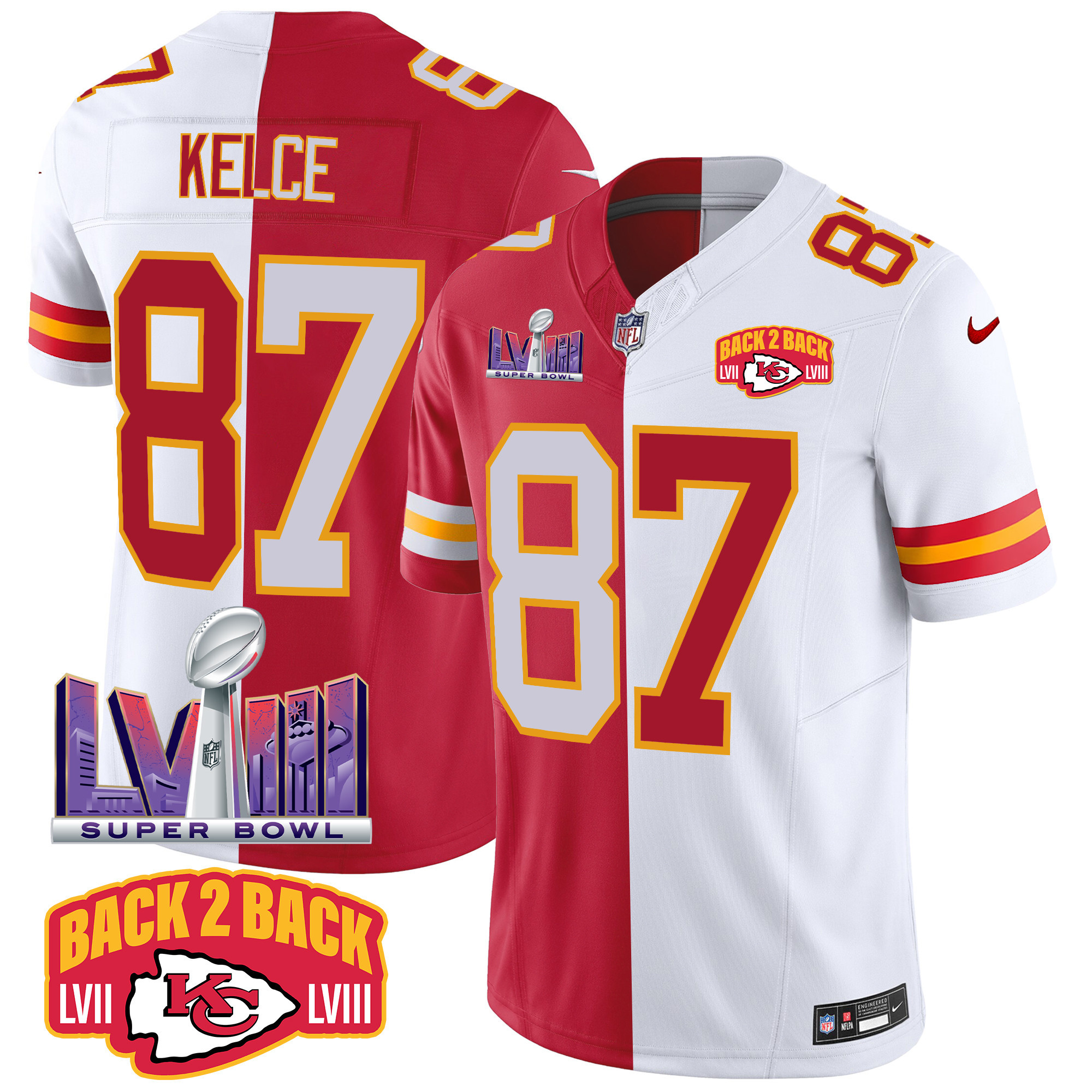 Travis Kelce Men's Kansas City Chiefs Super Bowl LVIII & Back 2 Back Patch Vapor Split Jersey - All Stitched