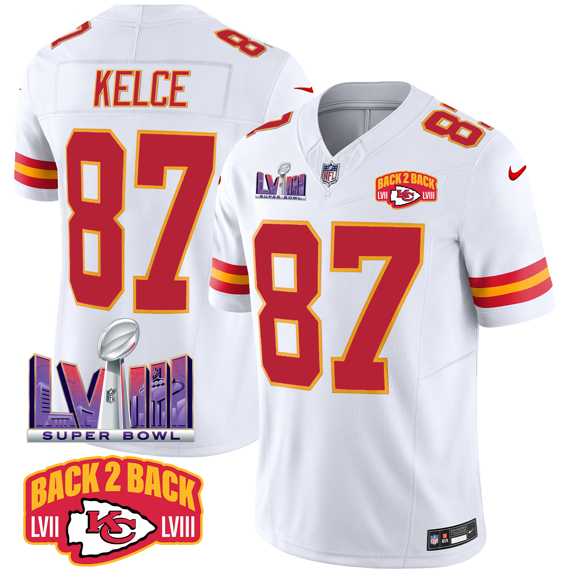 Travis Kelce Men's Kansas City Chiefs Super Bowl LVIII & Back 2 Back Patch Vapor White Jersey - All Stitched
