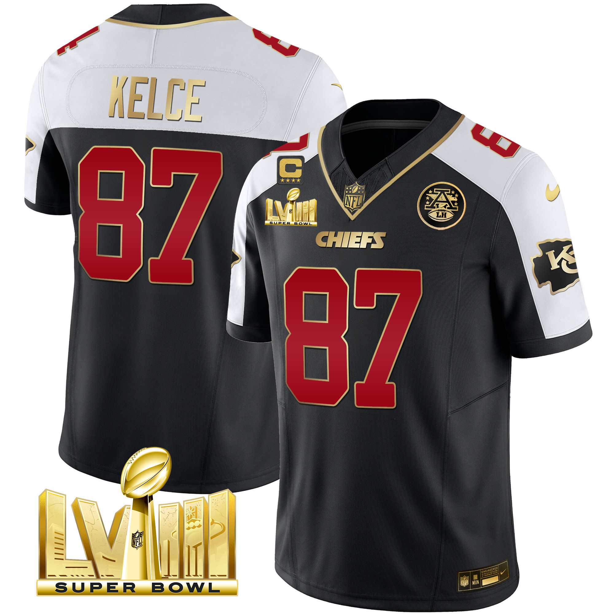 Travis Kelce Men's Kansas City Chiefs Super Bowl LVIII Gold Patch Vapor Black Alternate Jersey - All Stitched