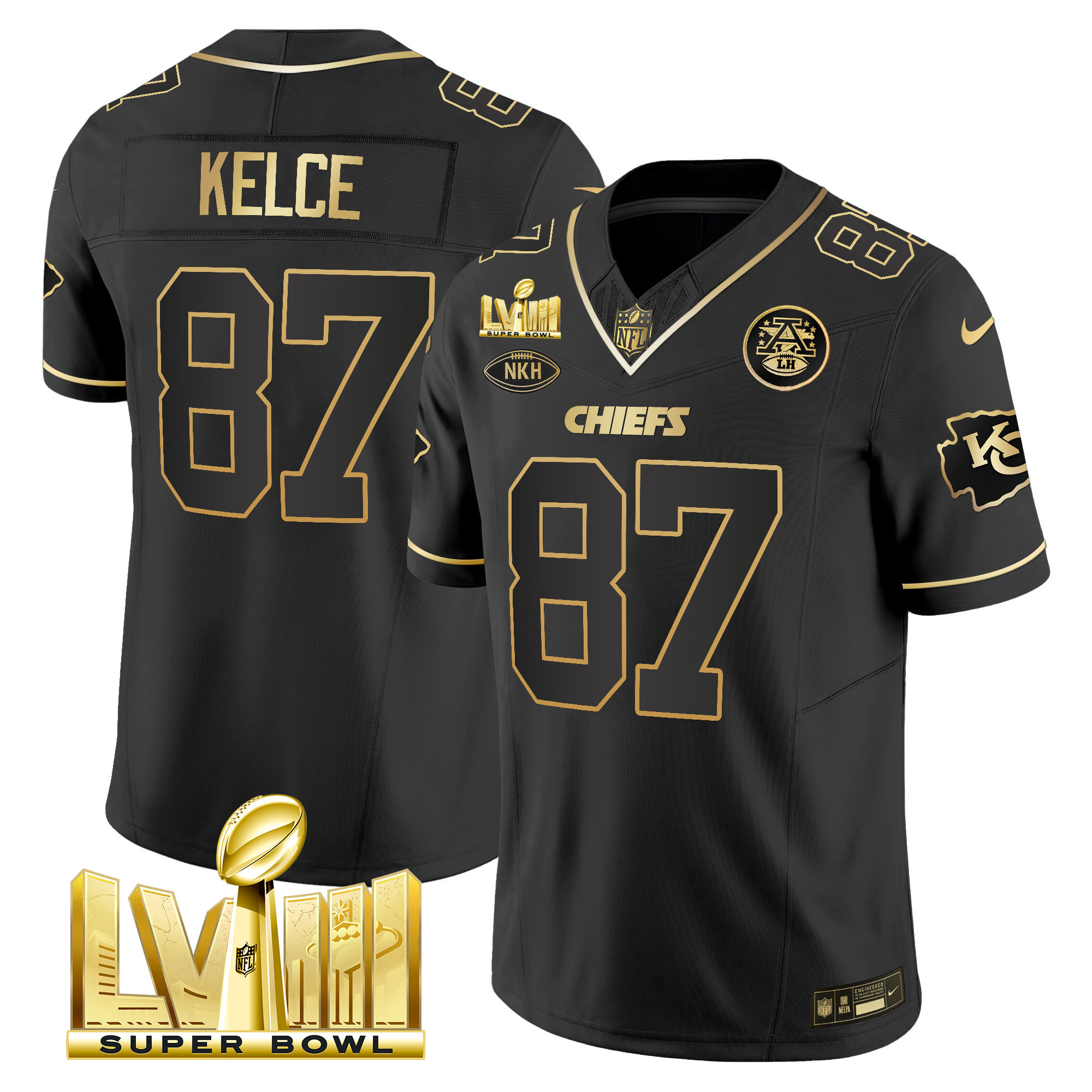 Travis Kelce Men's Kansas City Chiefs Super Bowl LVIII Gold Patch Vapor Black Gold Jersey - All Stitched