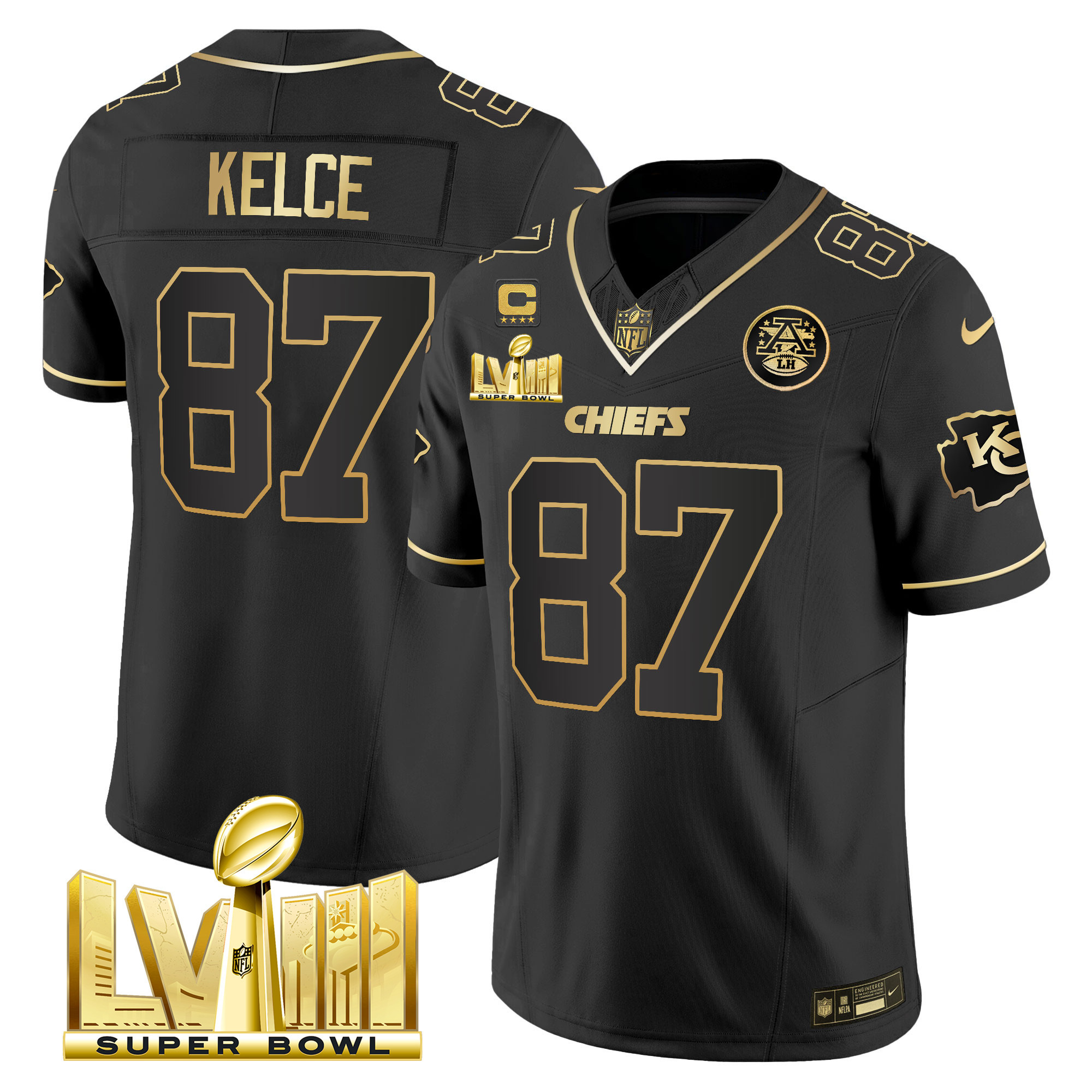 Travis Kelce Men's Kansas City Chiefs Super Bowl LVIII Gold Patch Vapor Black Gold Jersey - All Stitched