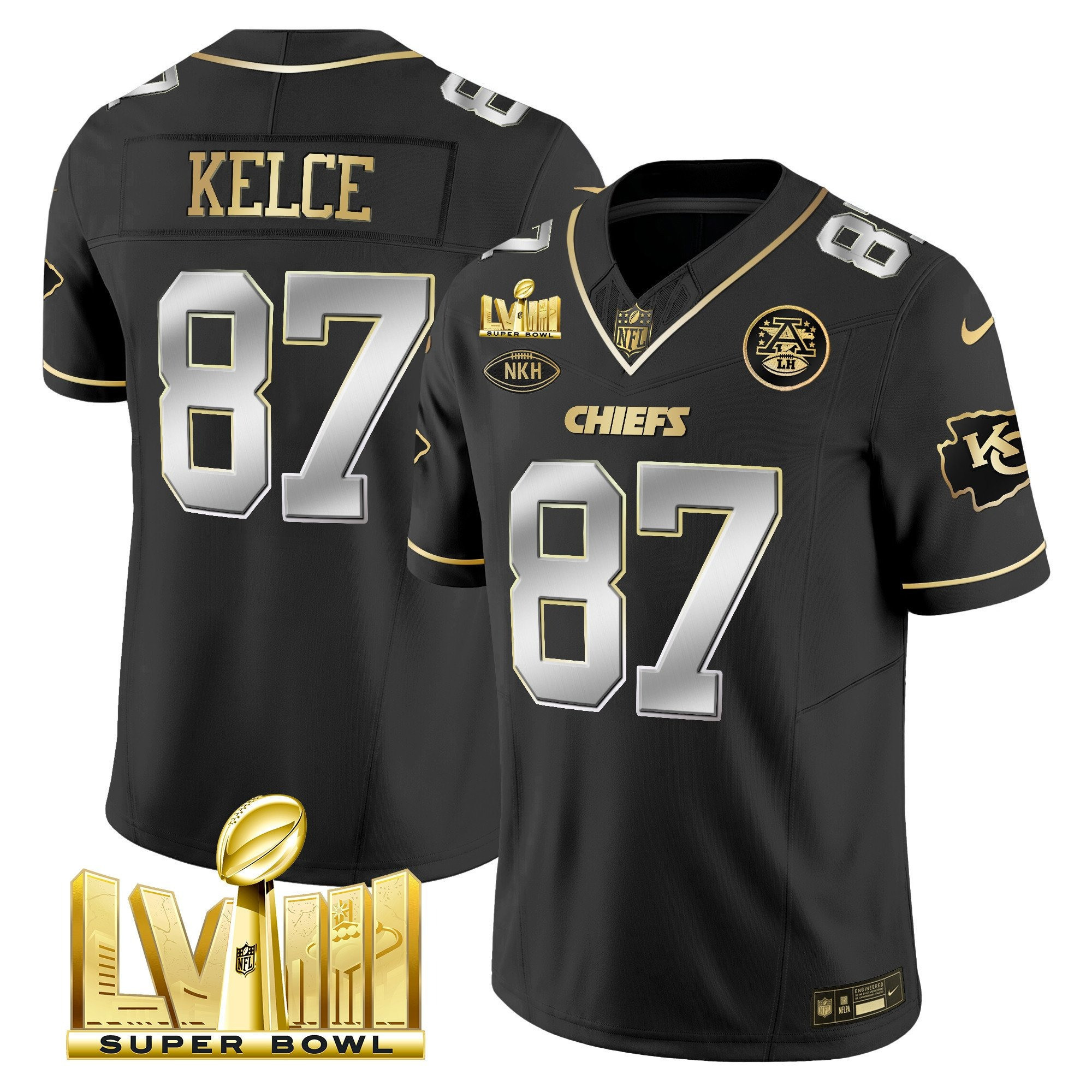 Travis Kelce Men's Kansas City Chiefs Super Bowl LVIII Gold Patch Vapor Black Limited Jersey - All Stitched