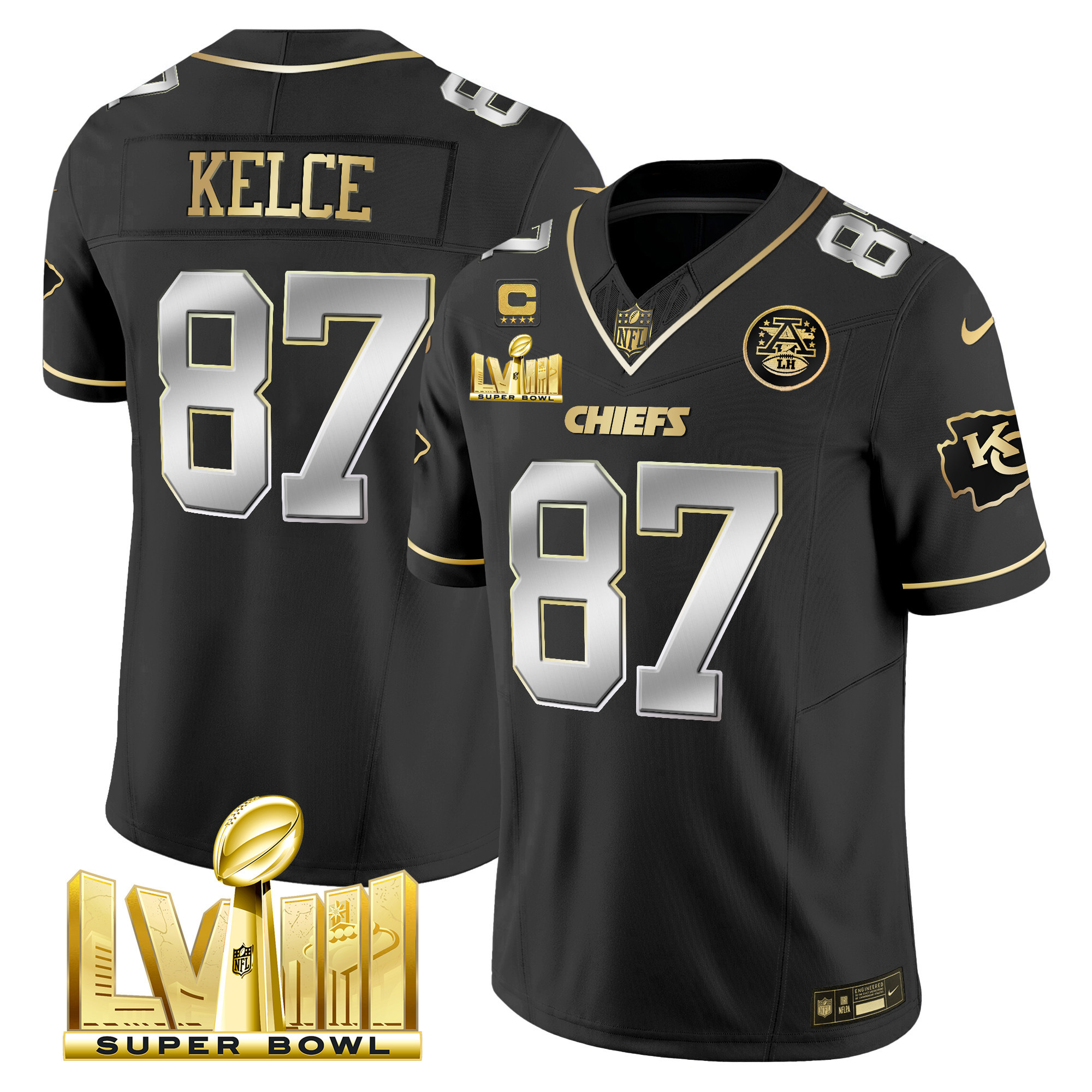 Travis Kelce Men's Kansas City Chiefs Super Bowl LVIII Gold Patch Vapor Black Limited Jersey - All Stitched