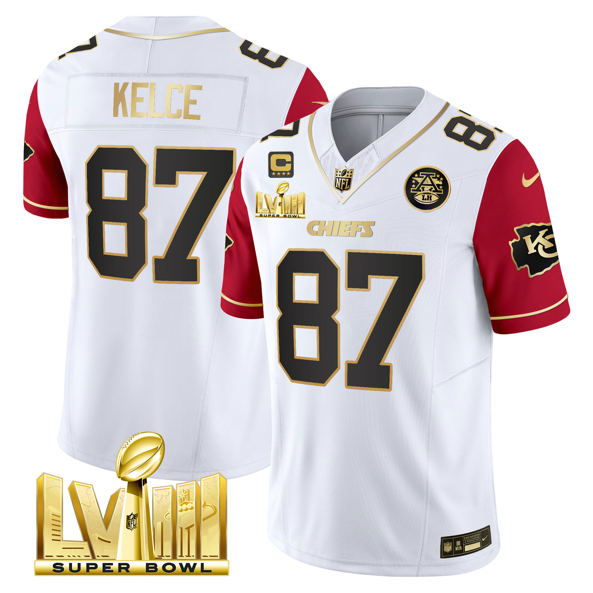 Travis Kelce Men's Kansas City Chiefs Super Bowl LVIII Gold Patch Vapor Color Sleeves Jersey - All Stitched