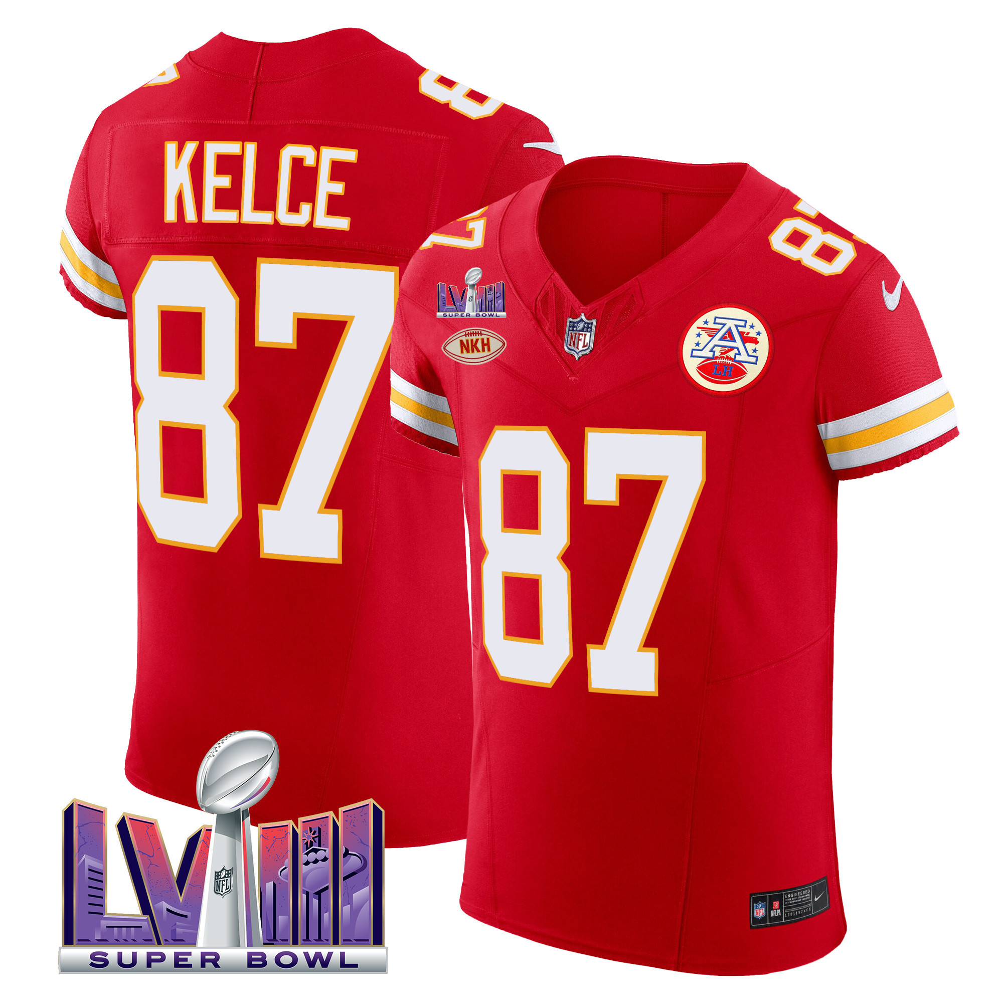 Travis Kelce Men's Kansas City Chiefs Super Bowl LVIII Gold Patch Vapor Elite Red Jersey - All Stitched