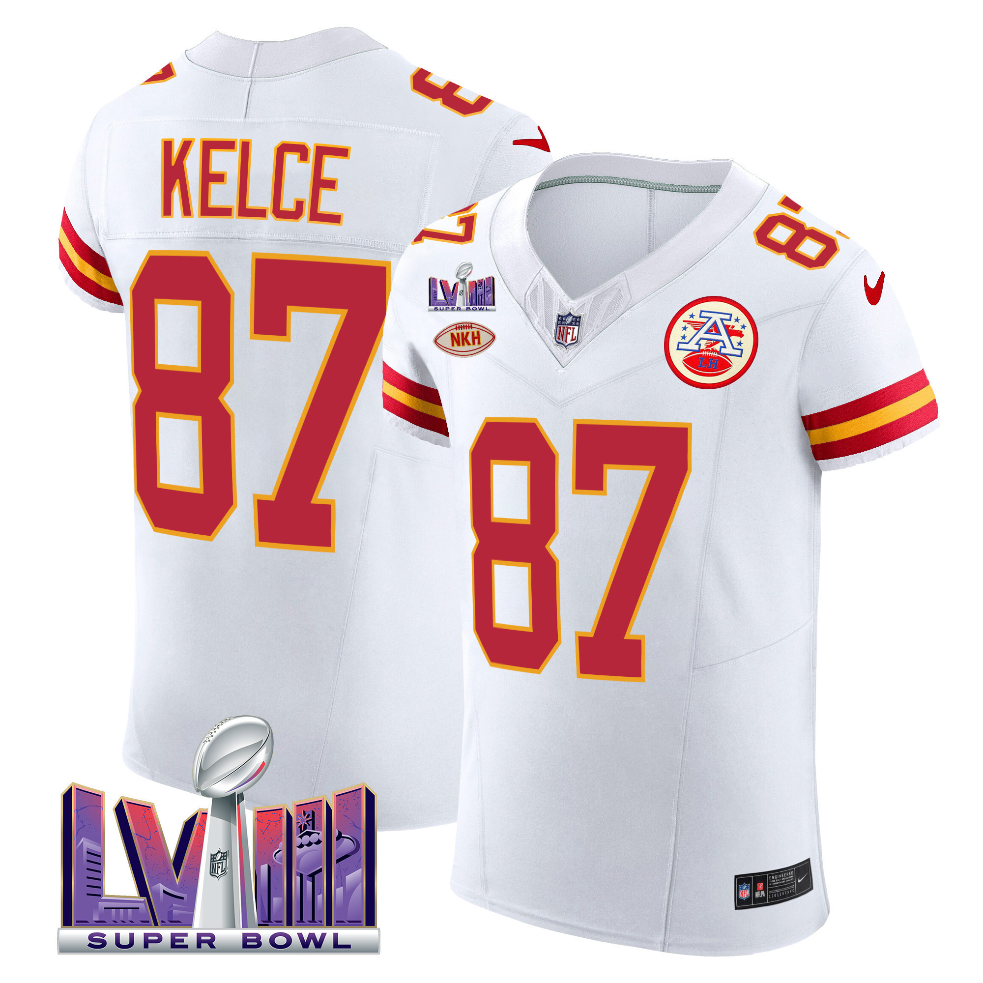Travis Kelce Men's Kansas City Chiefs Super Bowl LVIII Gold Patch Vapor Elite White Jersey - All Stitched
