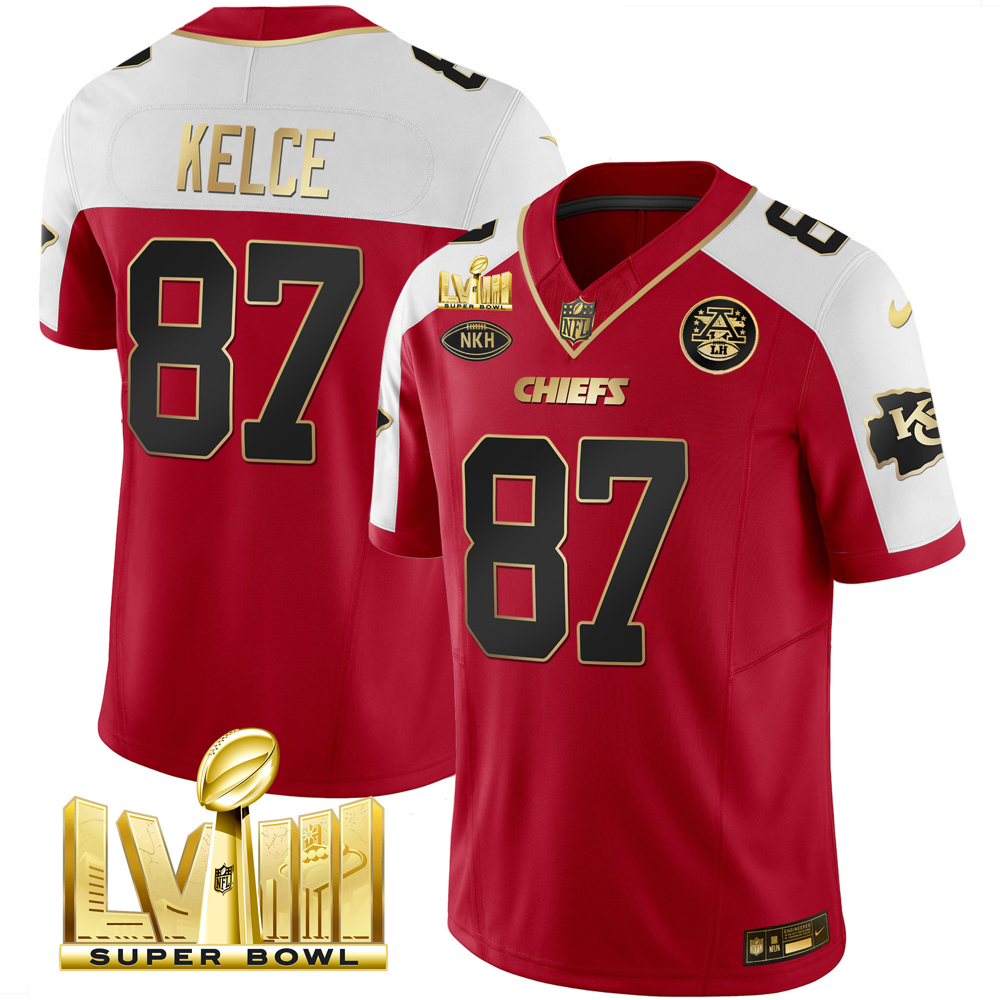 Travis Kelce Men's Kansas City Chiefs Super Bowl LVIII Gold Patch Vapor Red Alternate Jersey - All Stitched