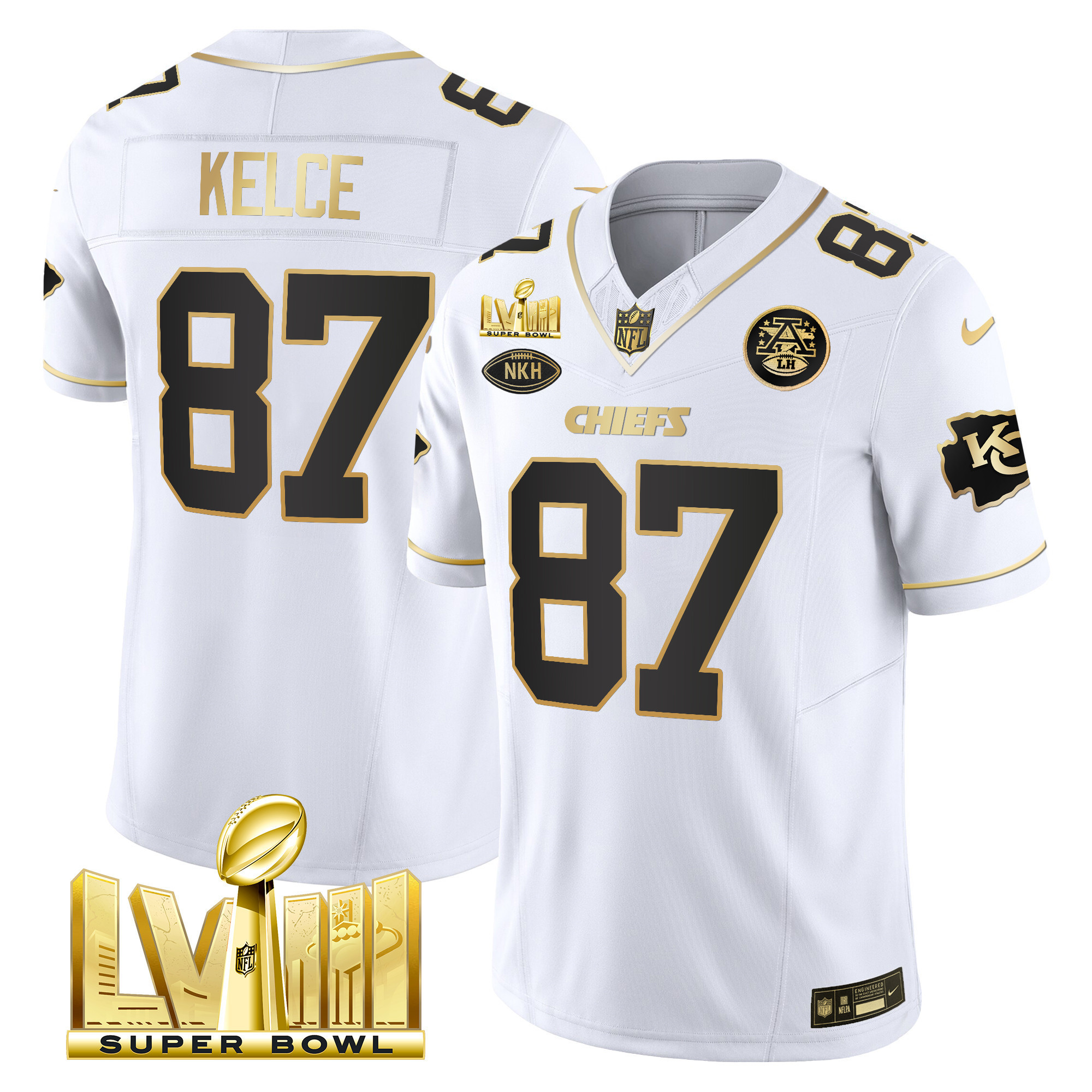 Travis Kelce Men's Kansas City Chiefs Super Bowl LVIII Gold Patch Vapor White Gold Jersey - All Stitched