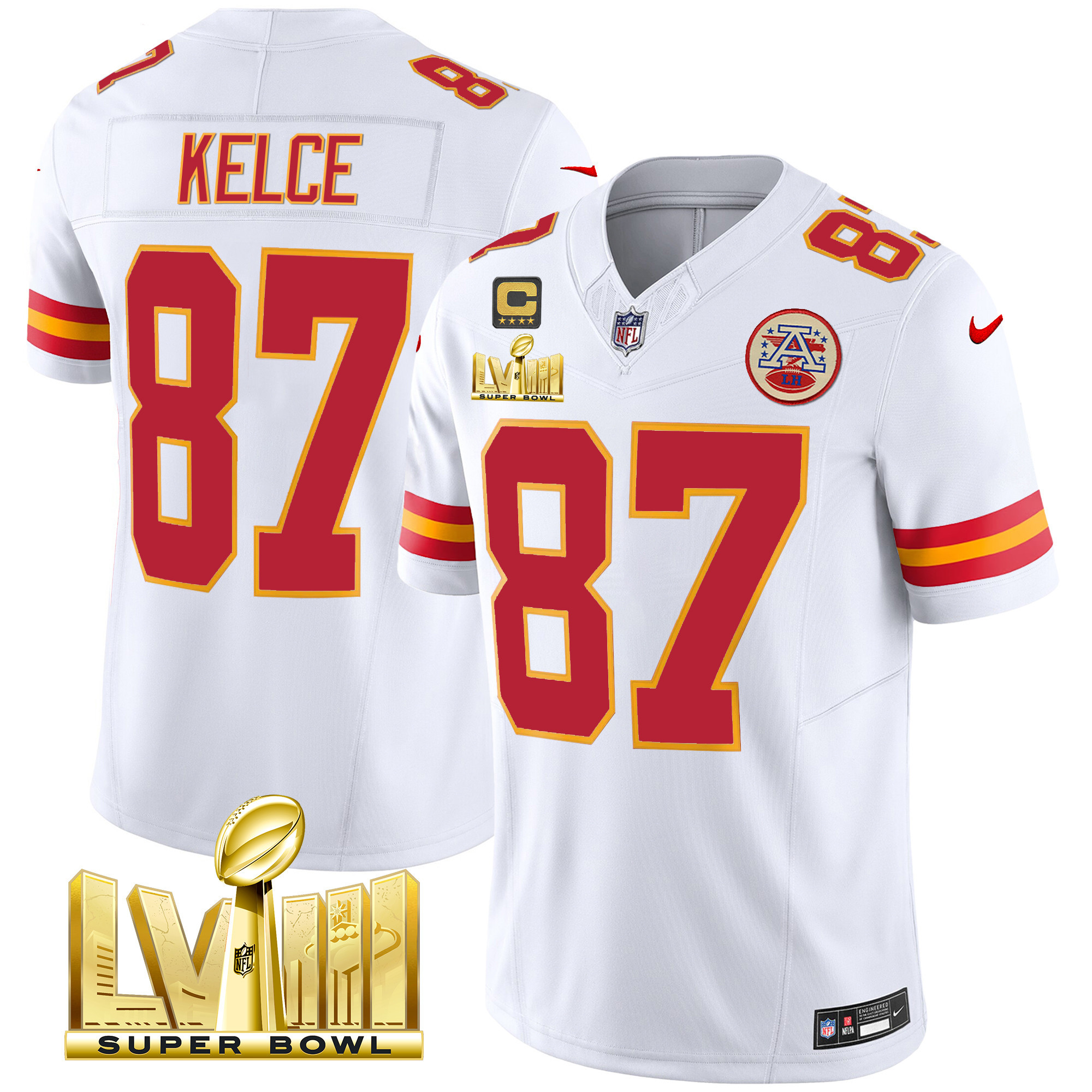 Travis Kelce Men's Kansas City Chiefs Super Bowl LVIII Gold Patch Vapor White Jersey - All Stitched