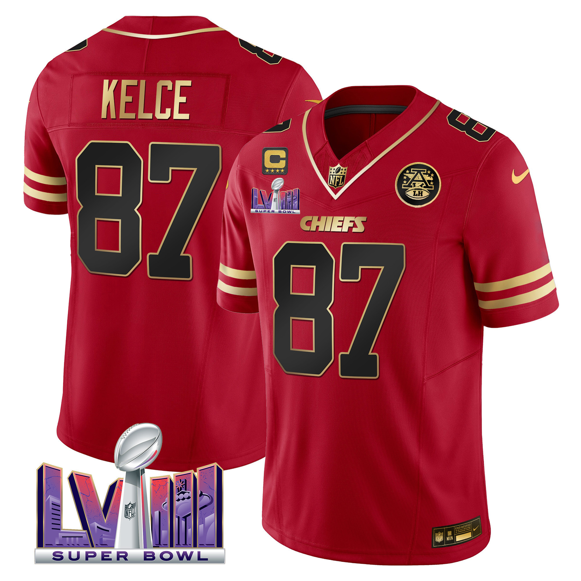 Travis Kelce Men's Kansas City Chiefs Super Bowl LVIII Patch Vapor Black Red Jersey - All Stitched