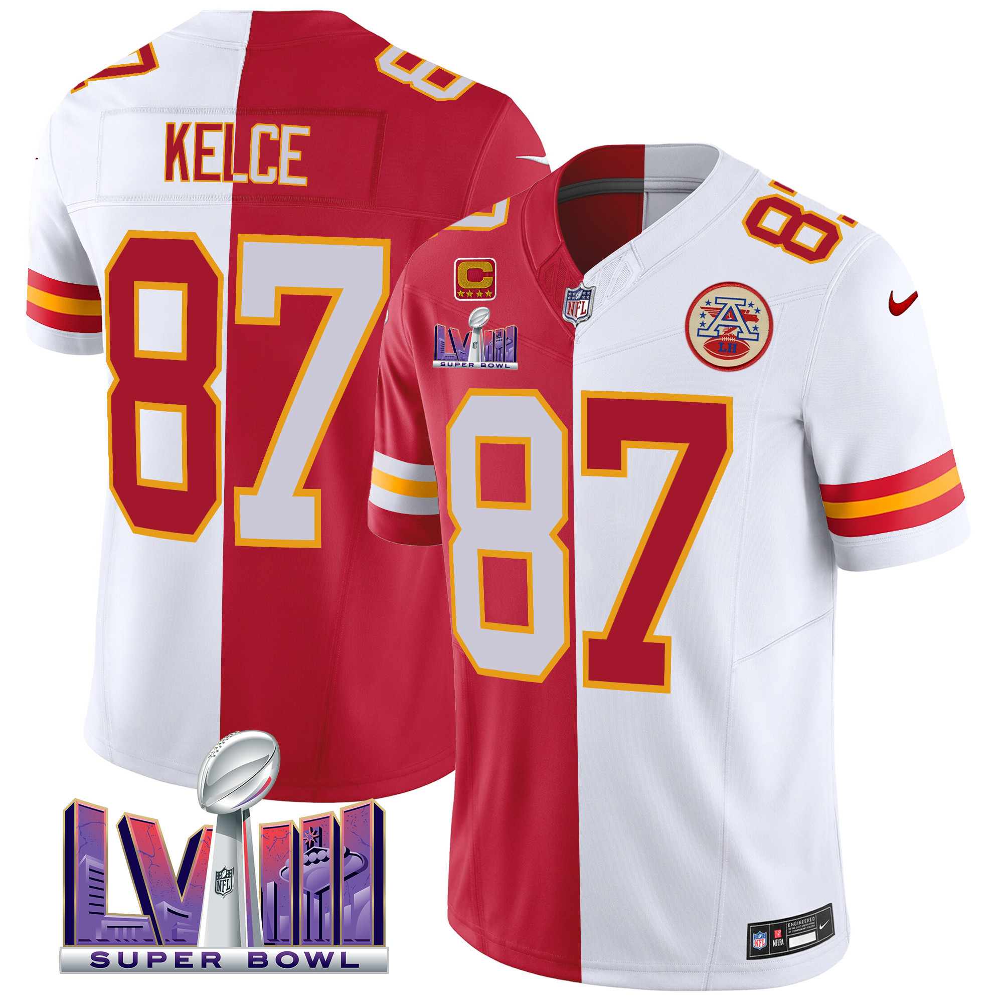 Travis Kelce Men's Kansas City Chiefs Super Bowl LVIII Patch Vapor Split Jersey - All Stitched