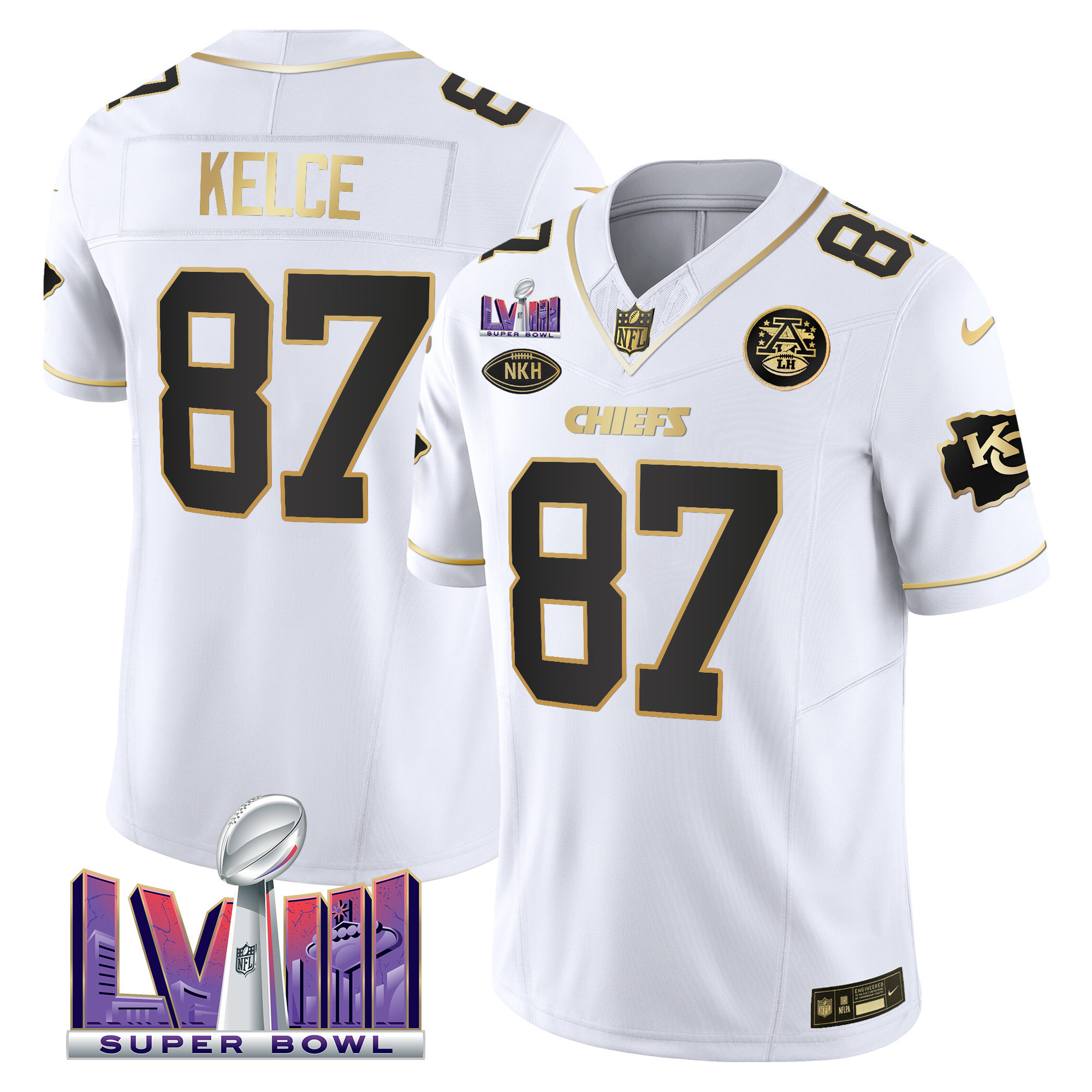 Travis Kelce Men's Kansas City Chiefs Super Bowl LVIII Patch Vapor White Gold Jersey - All Stitched