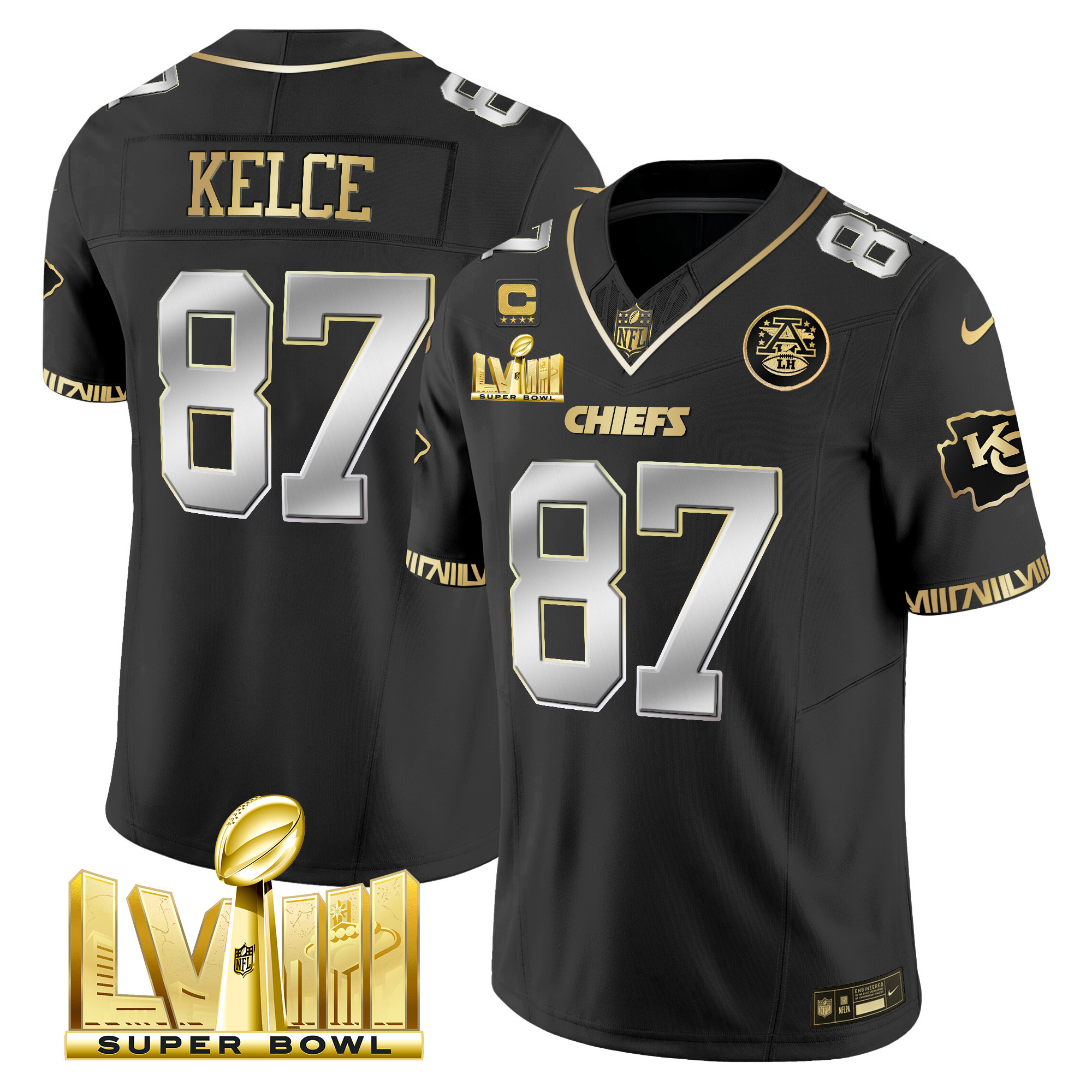 Travis Kelce Men's Kansas City Chiefs Super Bowl LVIII Pattern Gold Vapor Black Limited Jersey - All Stitched