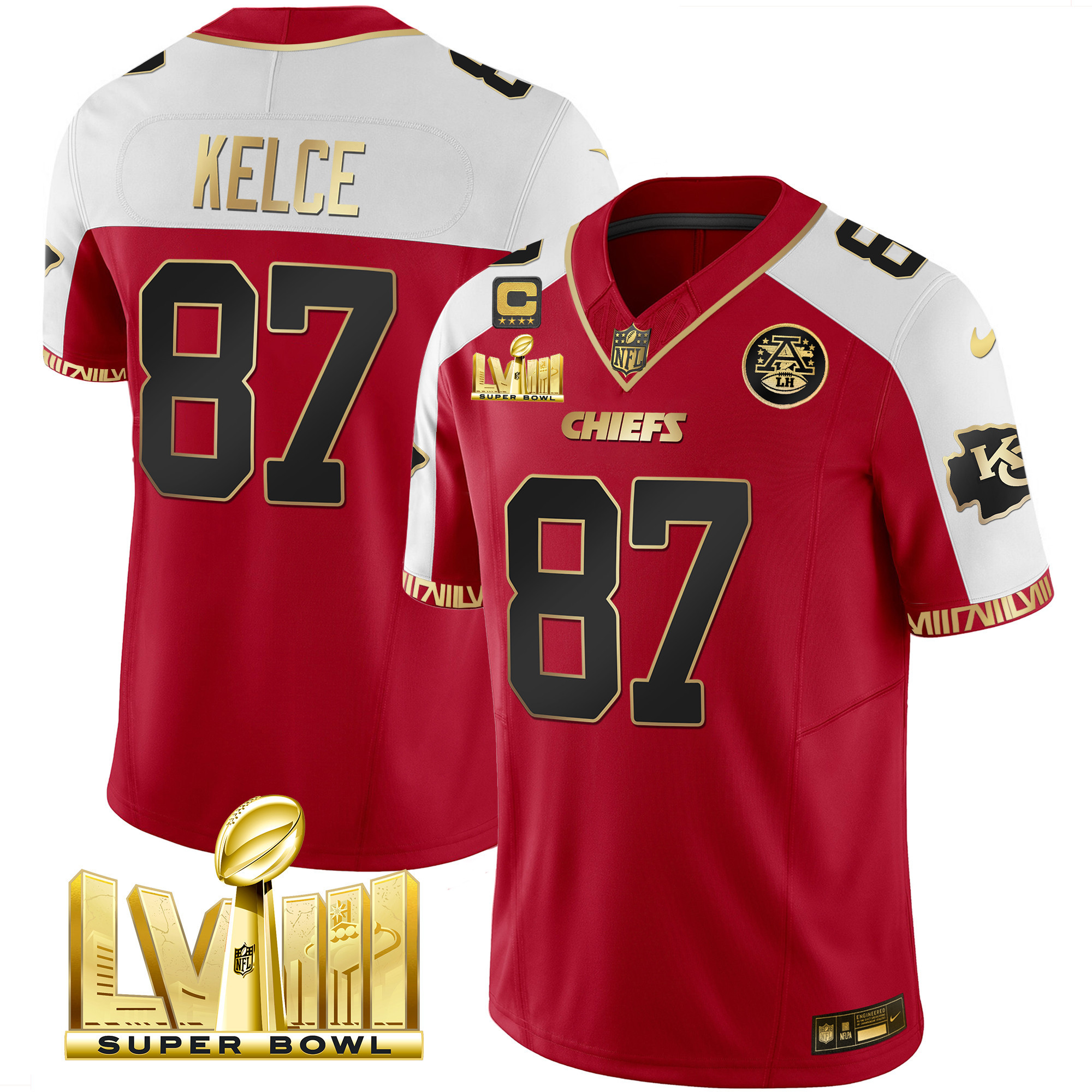 Travis Kelce Men's Kansas City Chiefs Super Bowl LVIII Pattern Gold Vapor Red Alternate Jersey - All Stitched