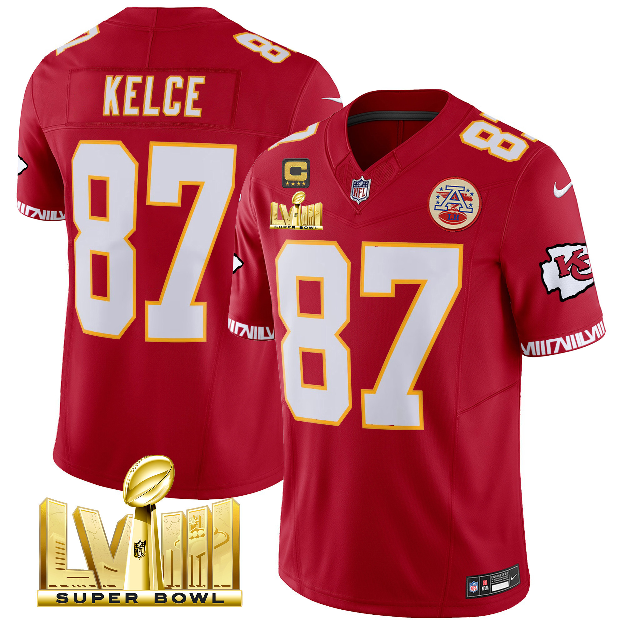 Travis Kelce Men's Kansas City Chiefs Super Bowl LVIII Pattern Gold Vapor Red Jersey - All Stitched
