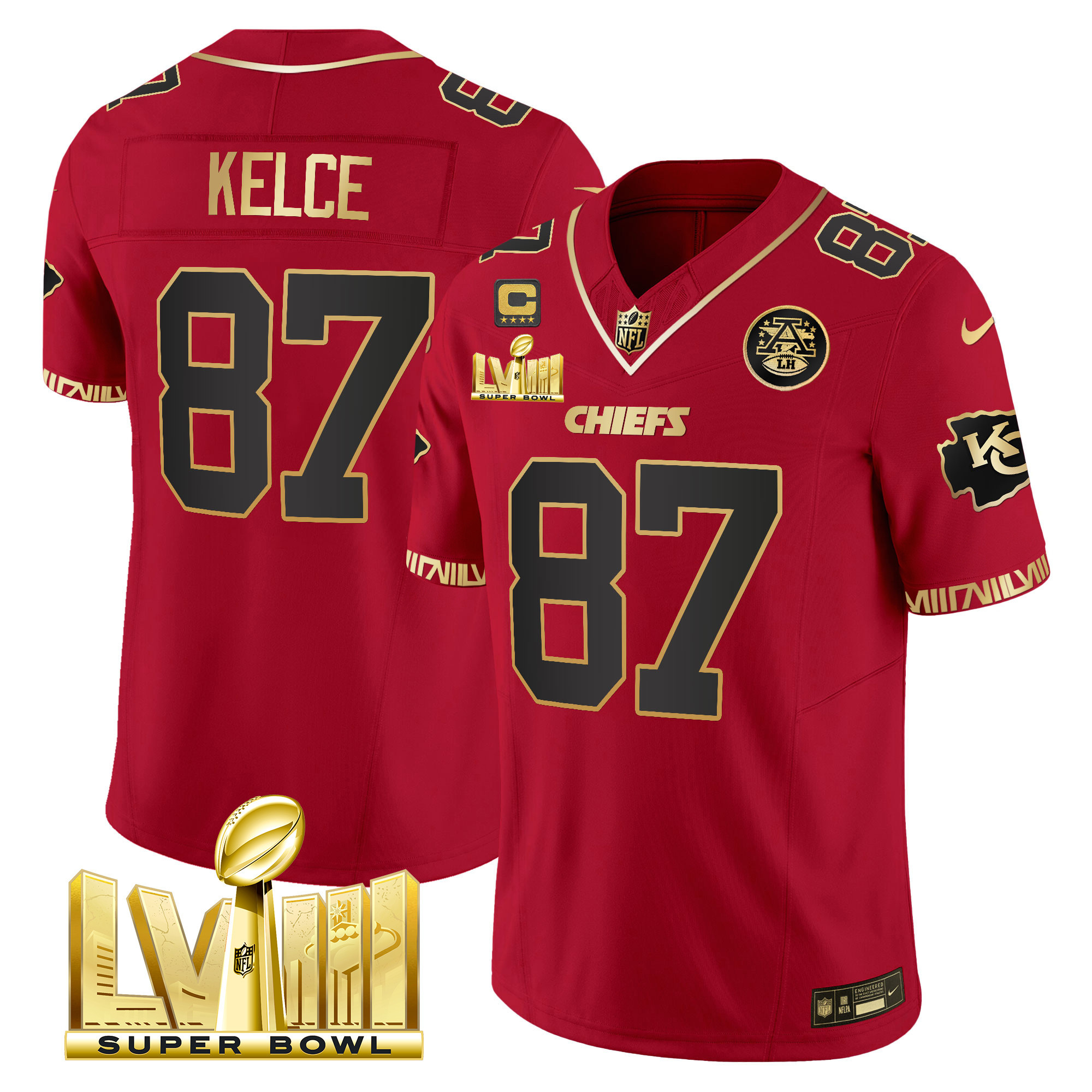Travis Kelce Men's Kansas City Chiefs Super Bowl LVIII Pattern Gold Vapor Red Special Jersey - All Stitched
