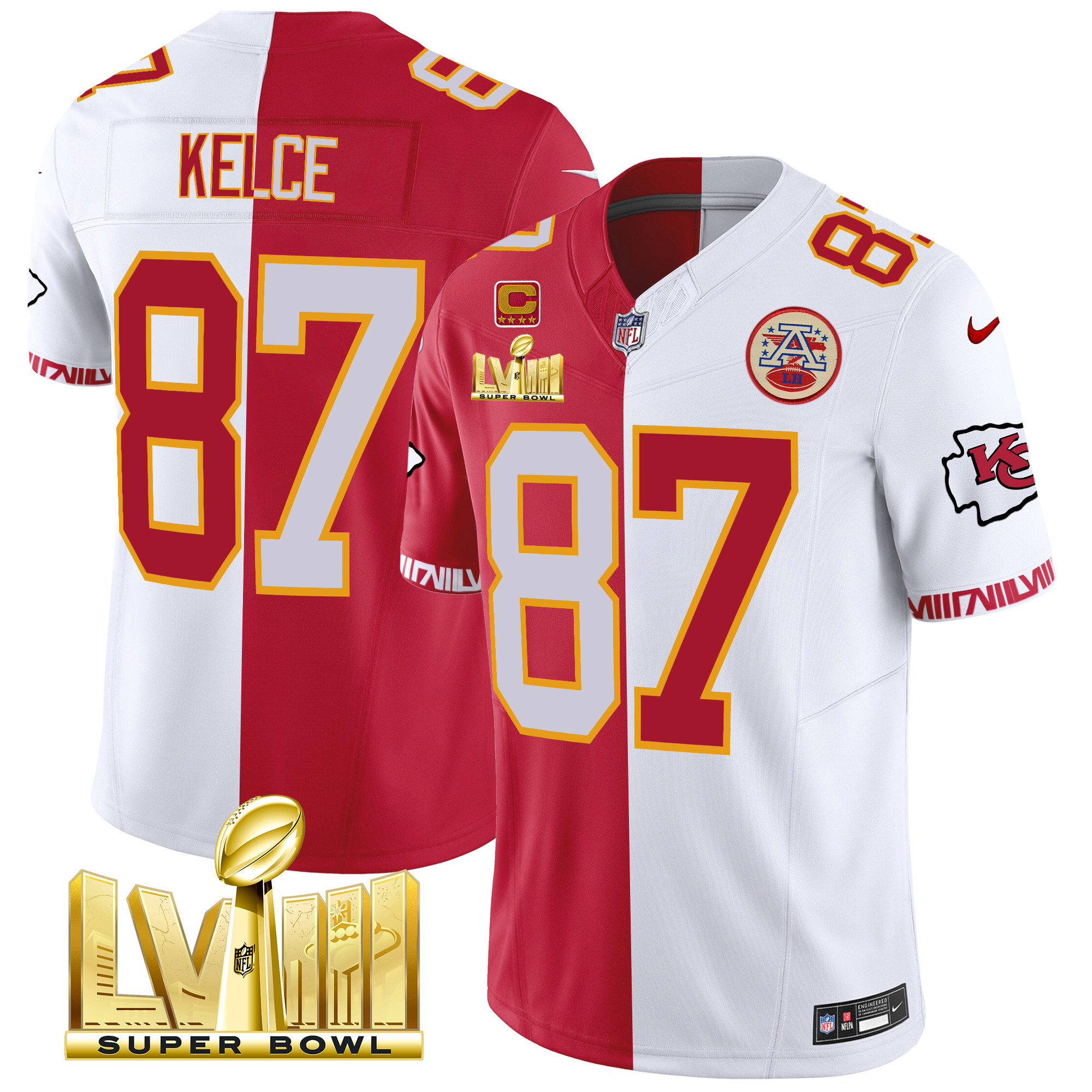Travis Kelce Men's Kansas City Chiefs Super Bowl LVIII Pattern Gold Vapor Split Jersey - All Stitched