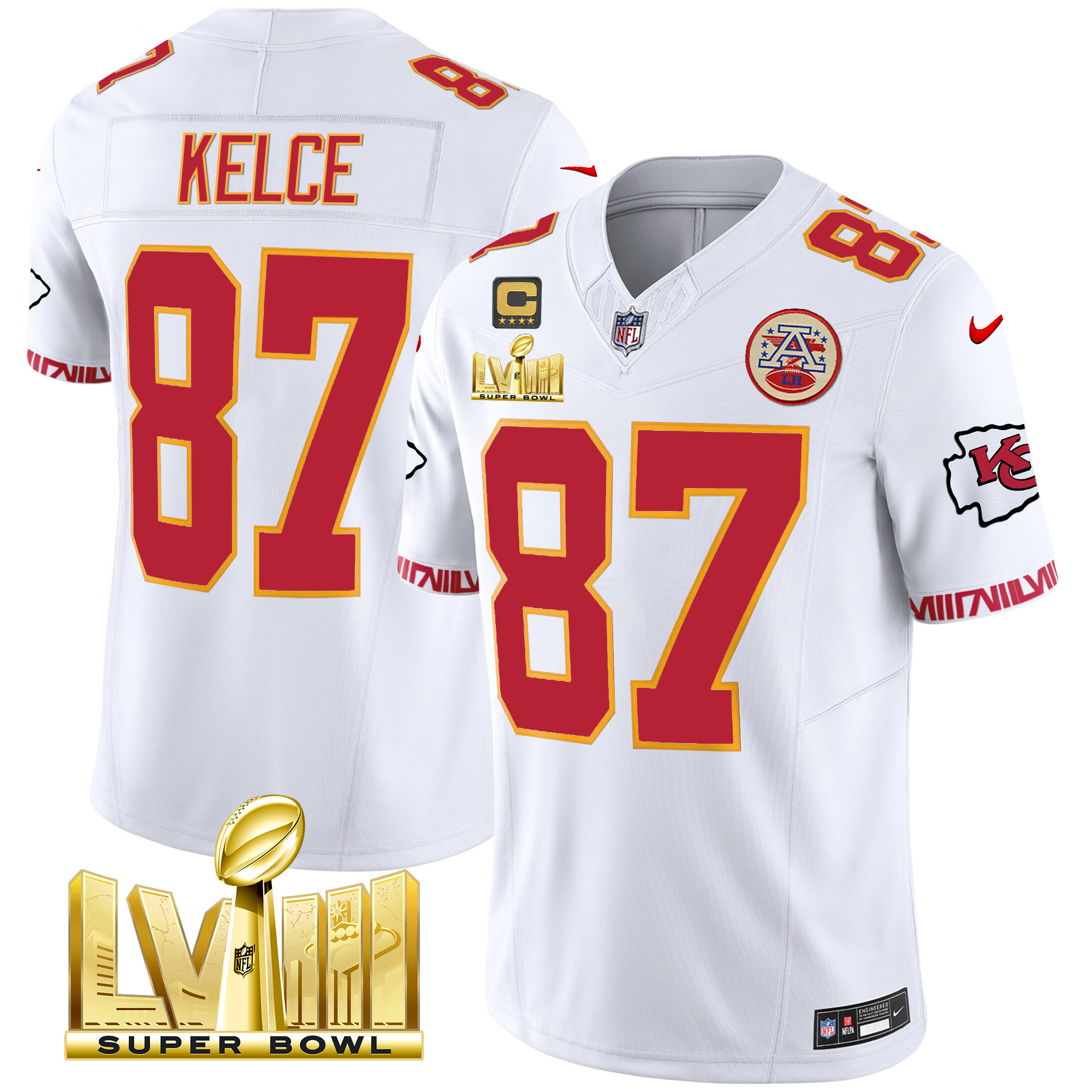 Travis Kelce Men's Kansas City Chiefs Super Bowl LVIII Pattern Gold Vapor White Jersey - All Stitched