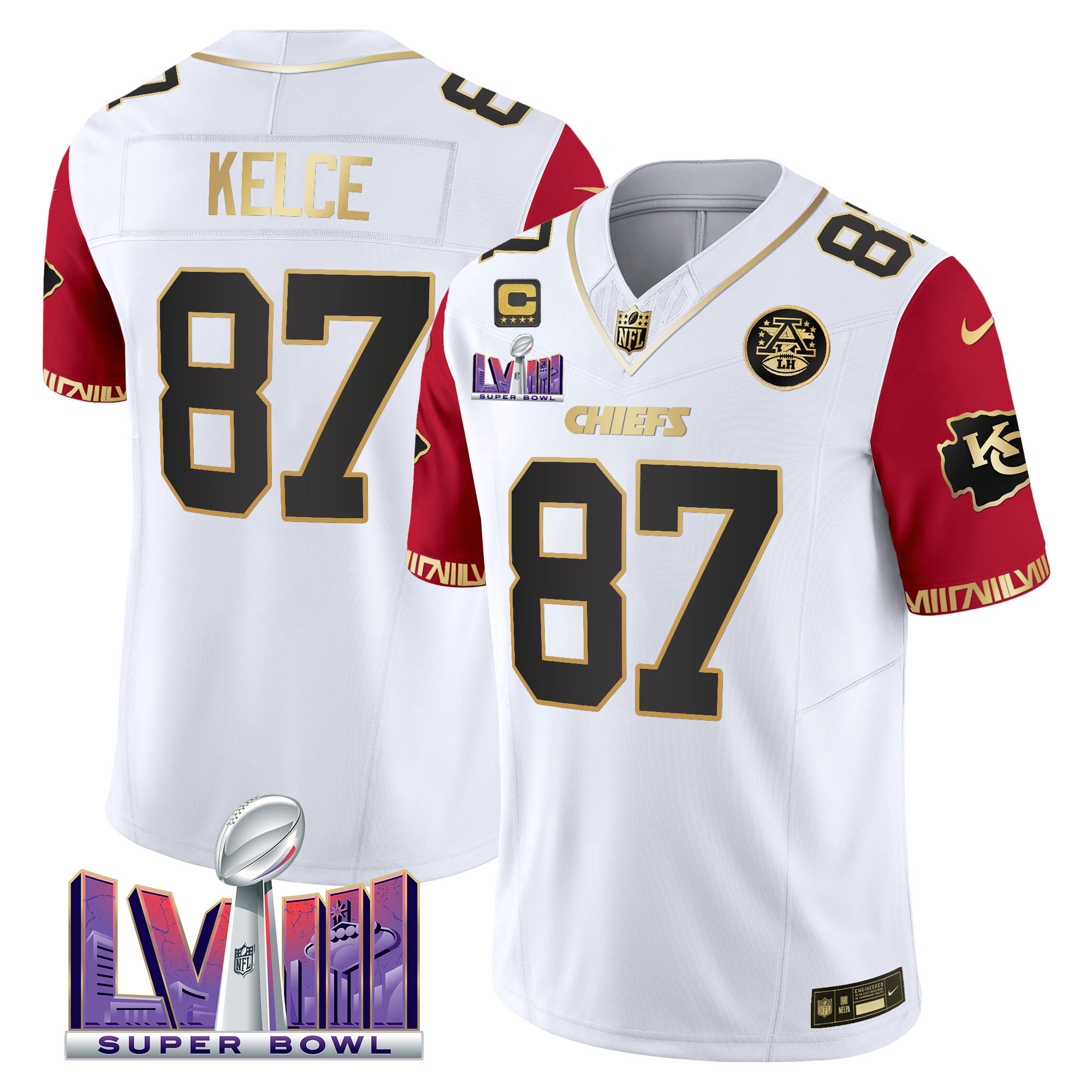 Travis Kelce Men's Kansas City Chiefs Super Bowl LVIII Pattern Vapor Color Sleeves Jersey - All Stitched