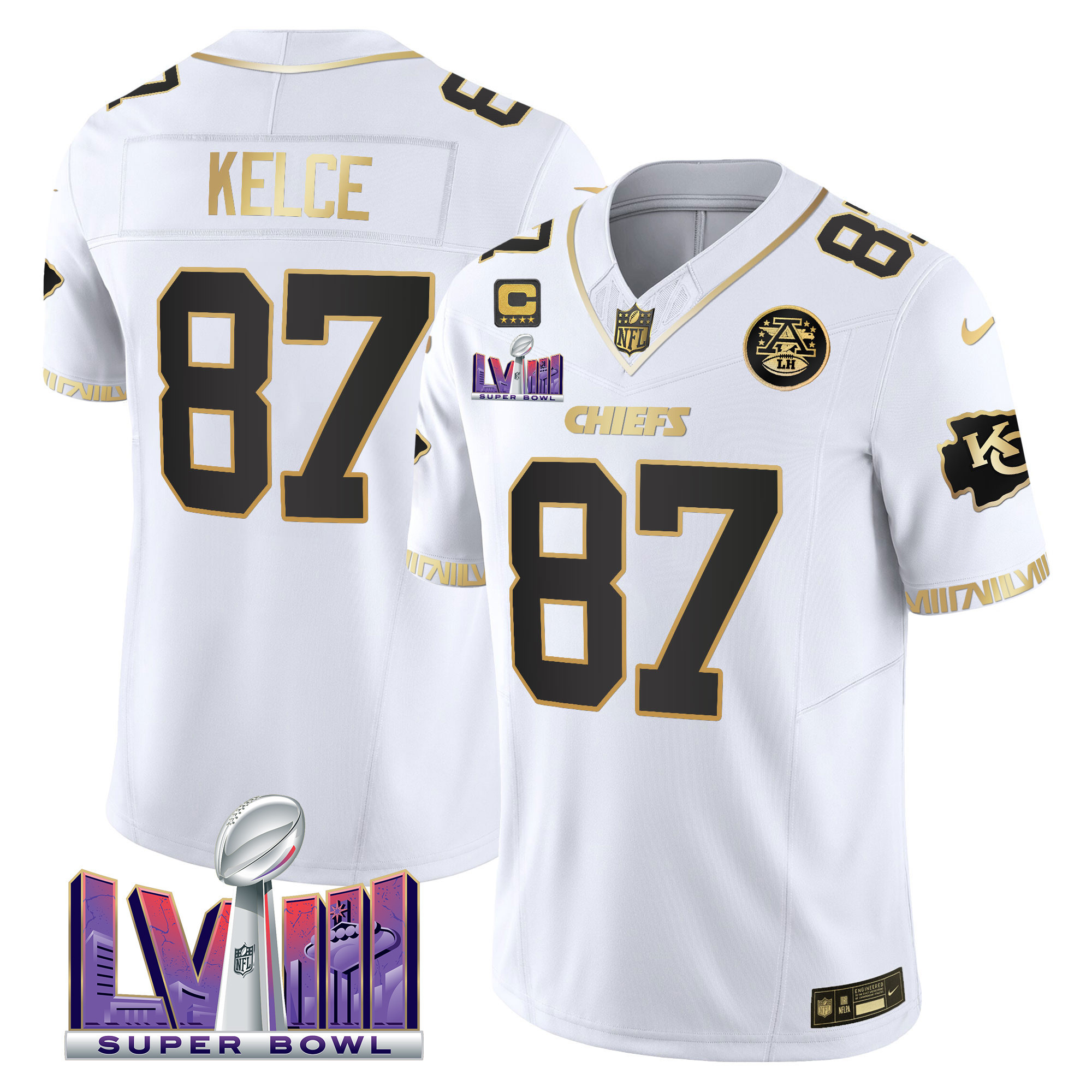 Travis Kelce Men's Kansas City Chiefs Super Bowl LVIII Pattern Vapor White Gold Jersey - All Stitched