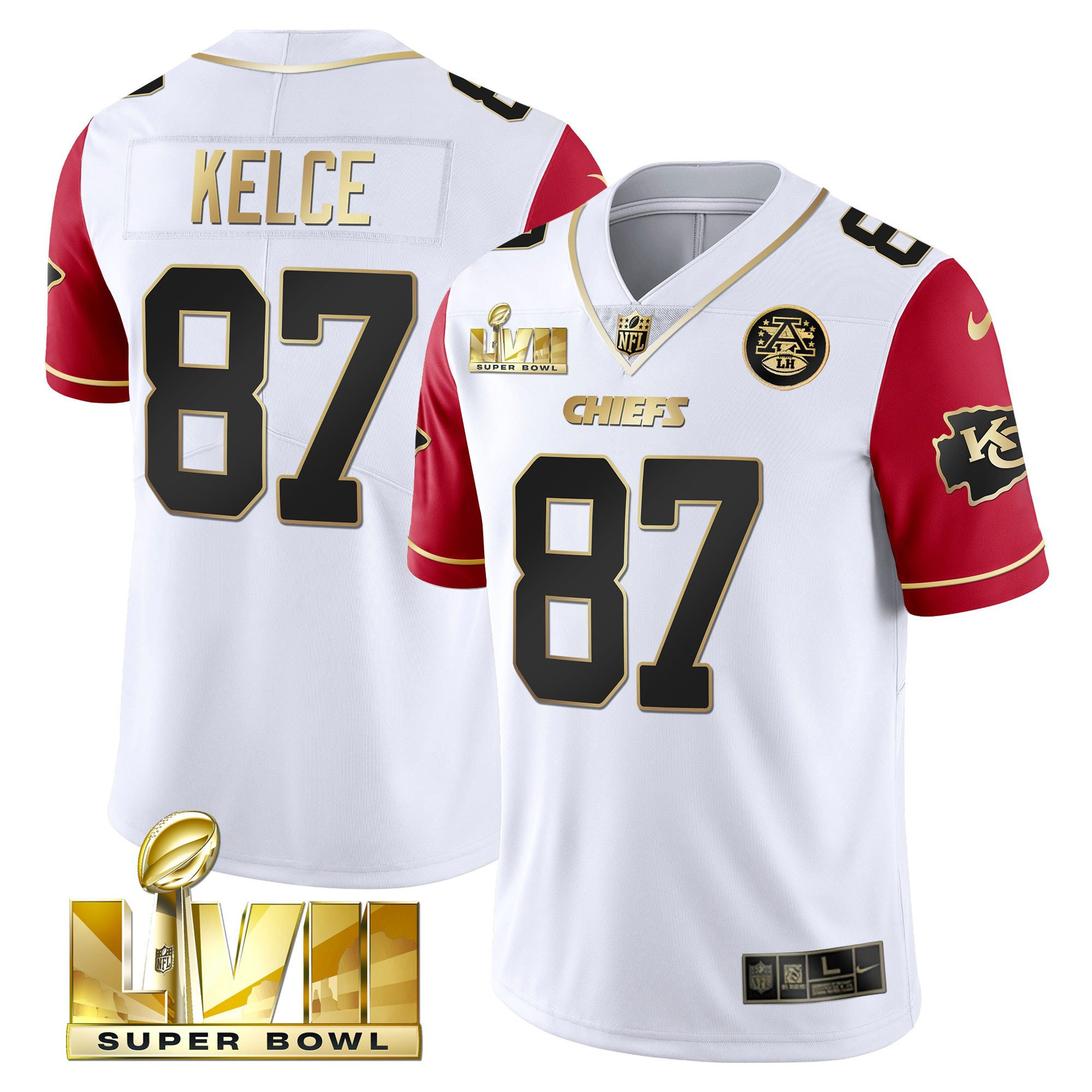 Travis Kelce Men's Kansas City Chiefs Super Bowl Vapor Gold Color Sleeve Jersey - All Stitched