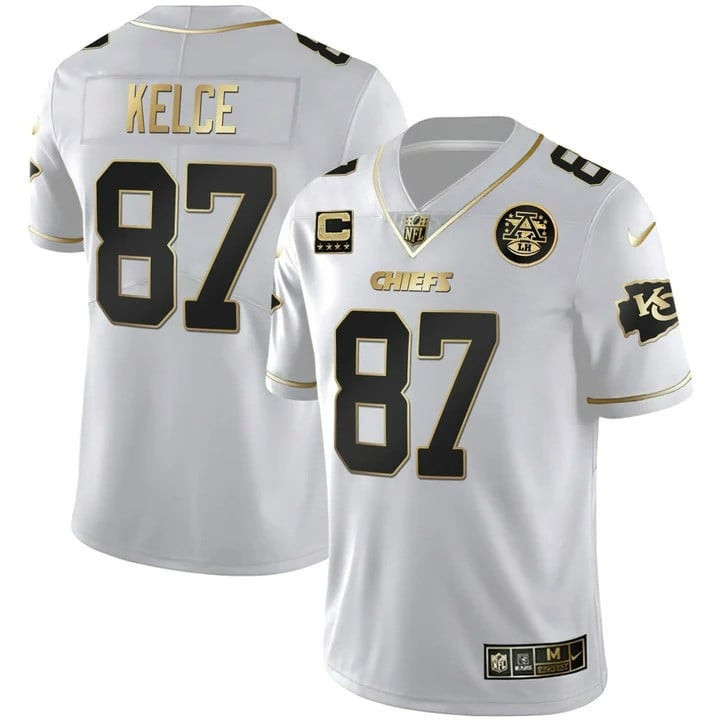 Travis Kelce Men's Kansas City Chiefs Vapor Black Red Gold Limited - All Stitched White Gold Jersey - All Stitched