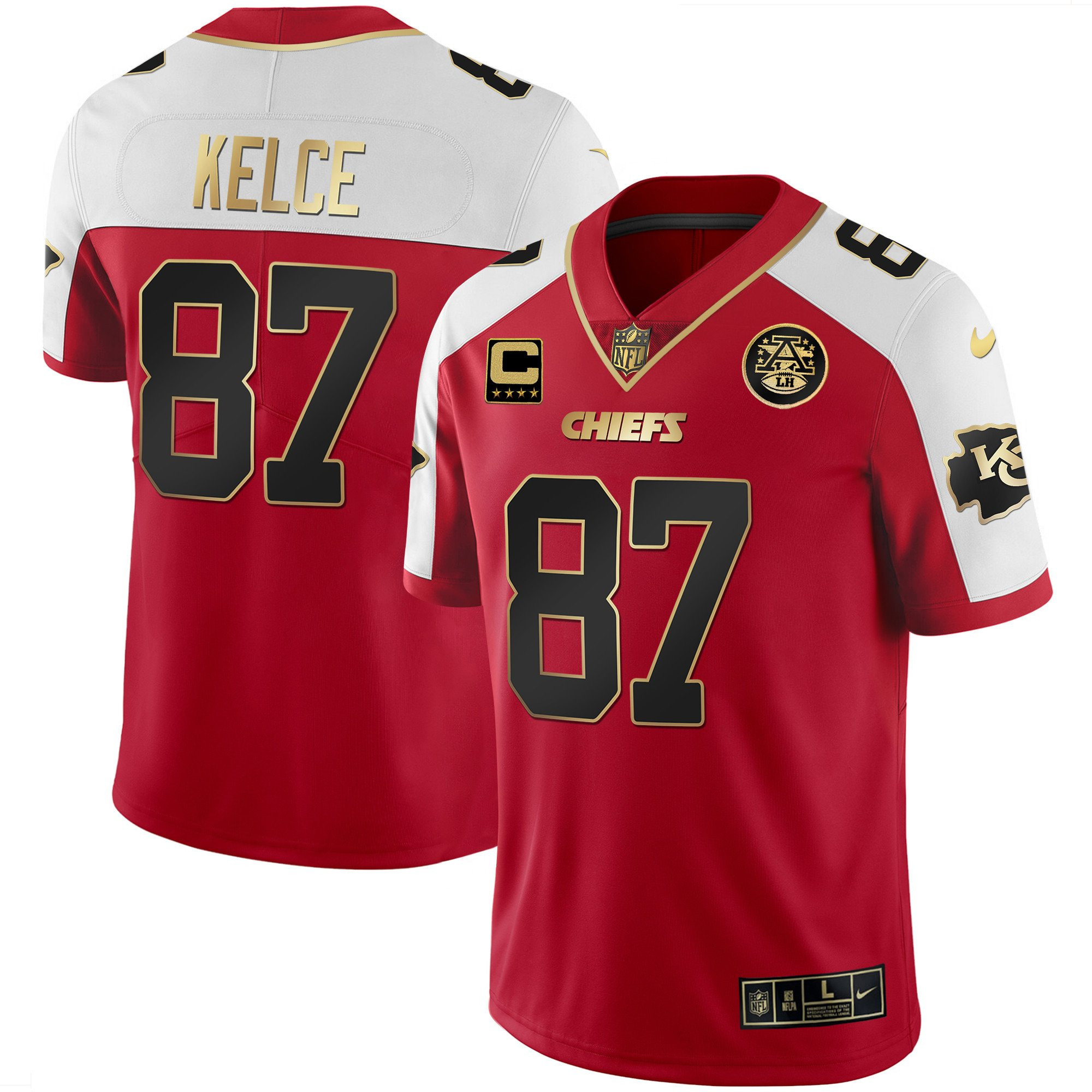 Travis Kelce Men's Kansas City Chiefs White Gold & Black Gold - All Stitched Red Alternate Jersey - All Stitched