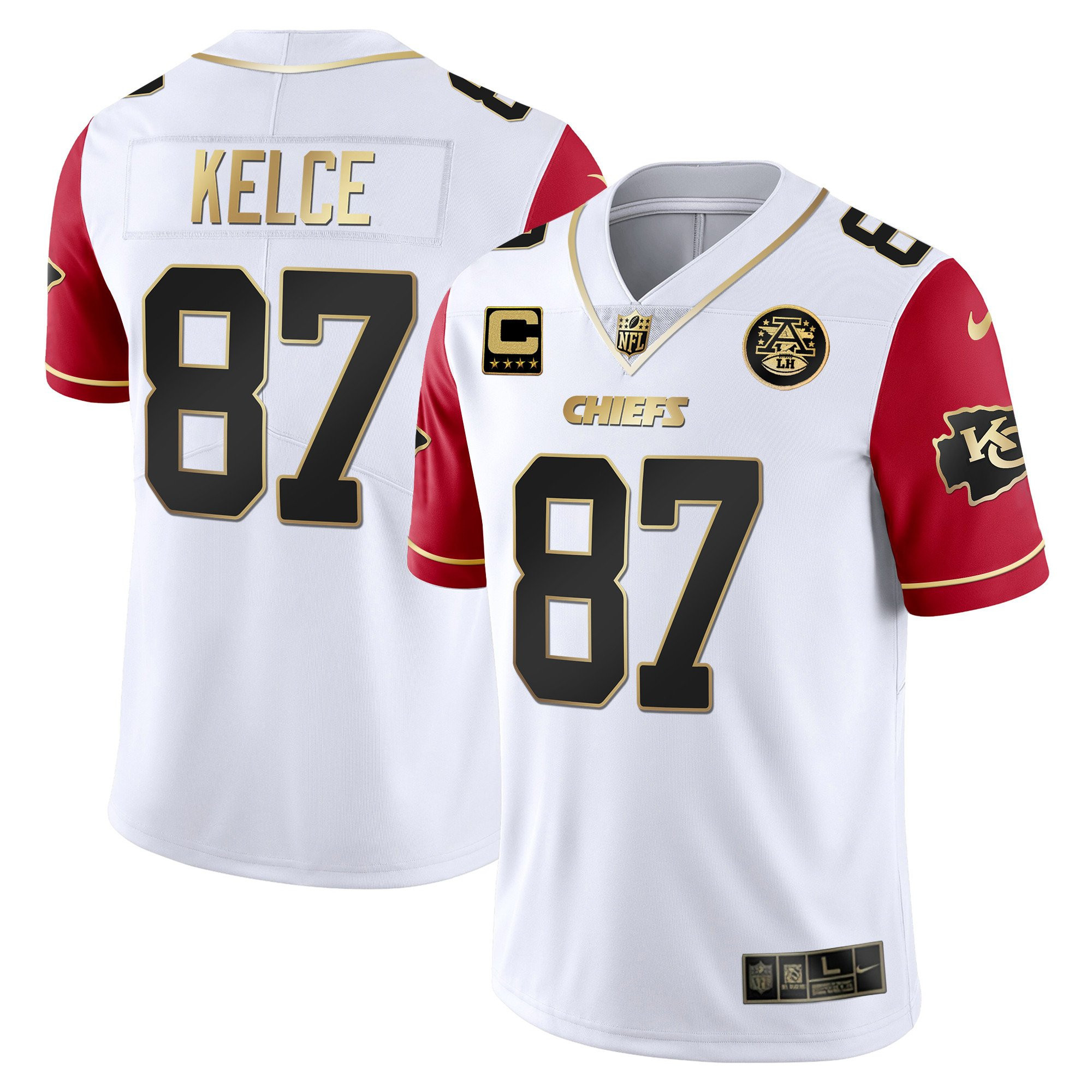 Travis Kelce Men's Kansas City Chiefs White Gold & Black Gold - All Stitched Red Sleeves Jersey - All Stitched