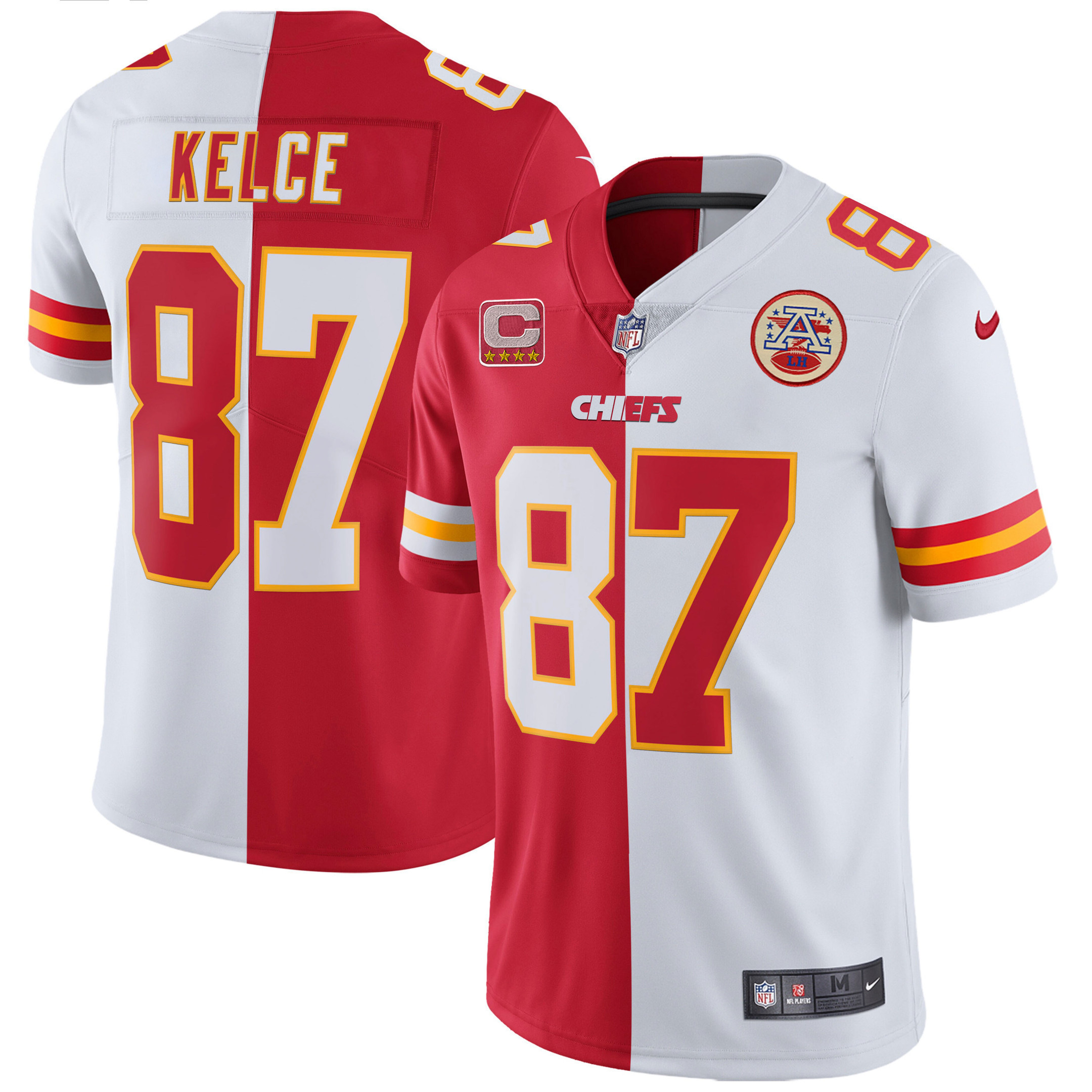 Travis Kelce Men's Kansas City Chiefs White Gold & Black Gold - All Stitched Split Jersey - All Stitched