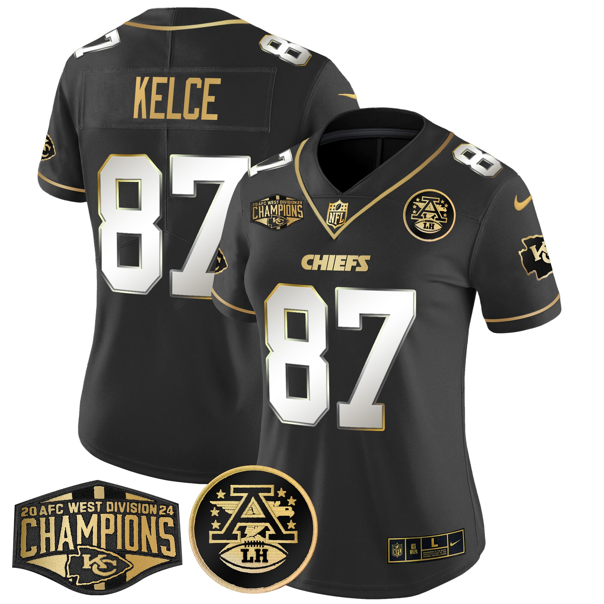 Travis Kelce Women's Kansas City Chiefs 2024 AFC West Division Champions Patch Gold Vapor Limited Black Limited Jersey - All Stitched