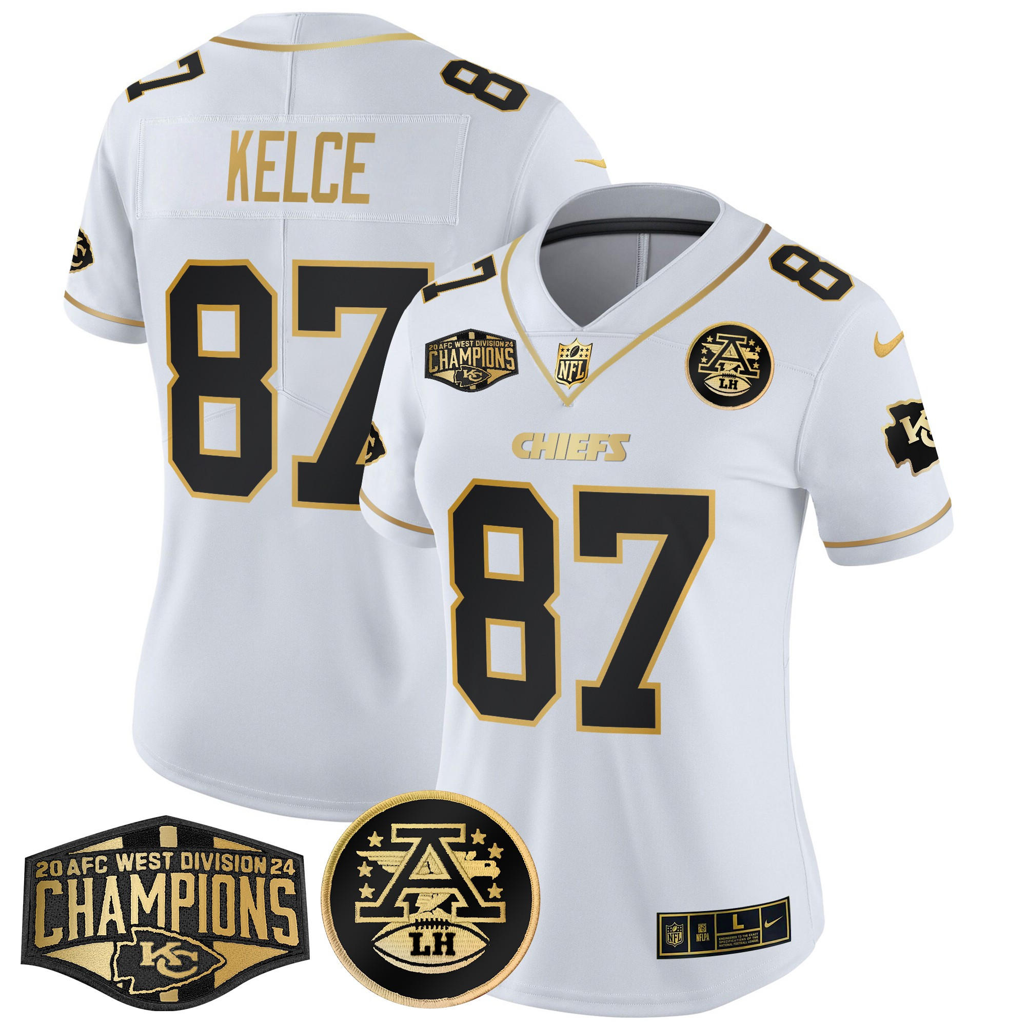 Travis Kelce Women's Kansas City Chiefs 2024 AFC West Division Champions Patch Gold Vapor Limited White Gold Jersey - All Stitched