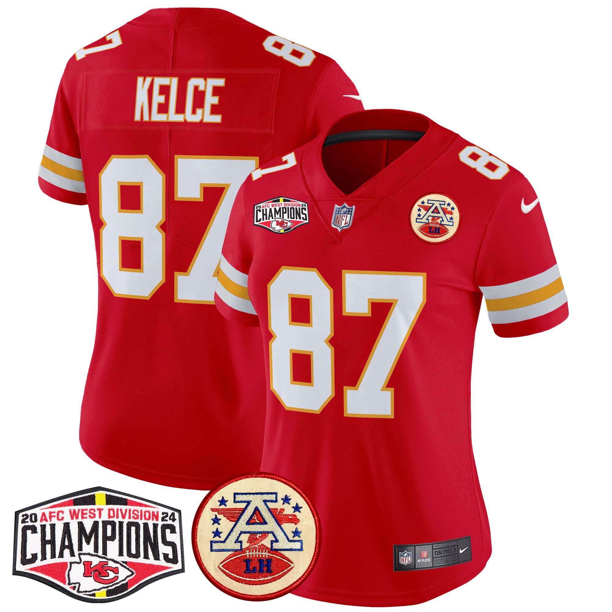 Travis Kelce Women's Kansas City Chiefs 2024 AFC West Division Champions Patch Vapor Limited Red Jersey - All Stitched