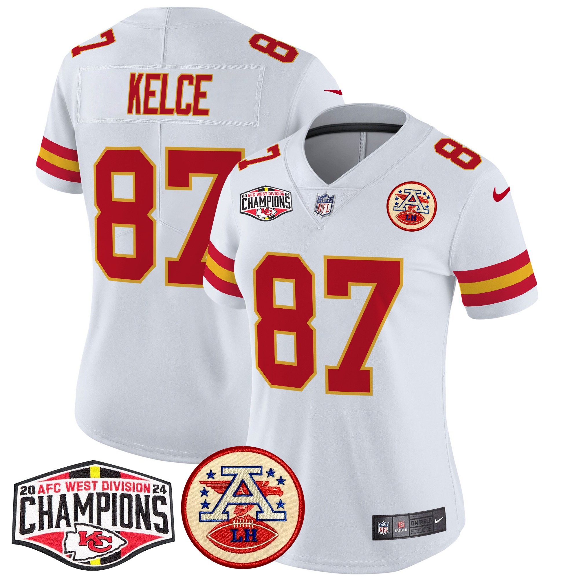 Travis Kelce Women's Kansas City Chiefs 2024 AFC West Division Champions Patch Vapor Limited White Jersey - All Stitched