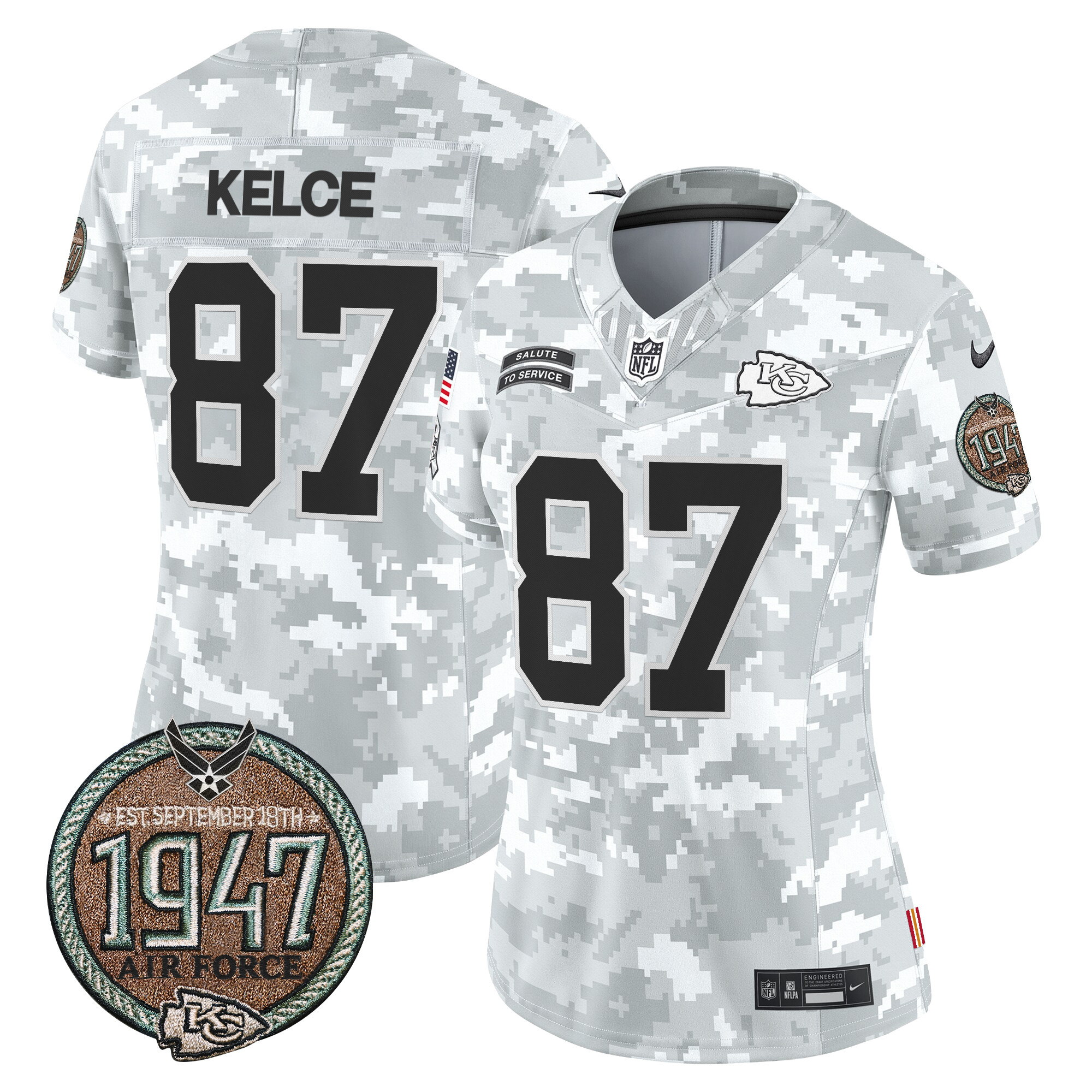 Travis Kelce Women's Kansas City Chiefs 2024 Salute to Service Establishment Year Patch Vapor Limited Air Force Jersey - All Stitched