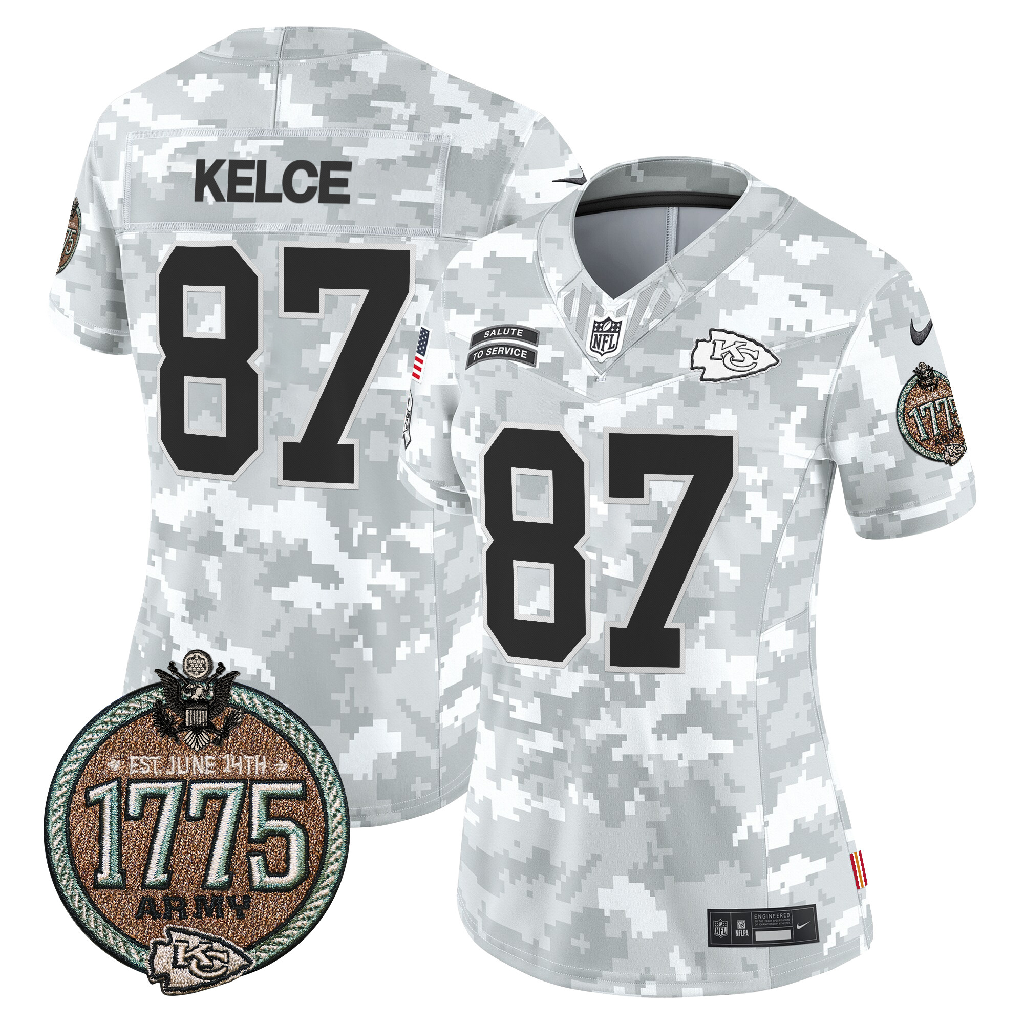 Travis Kelce Women's Kansas City Chiefs 2024 Salute to Service Establishment Year Patch Vapor Limited Army Jersey - All Stitched