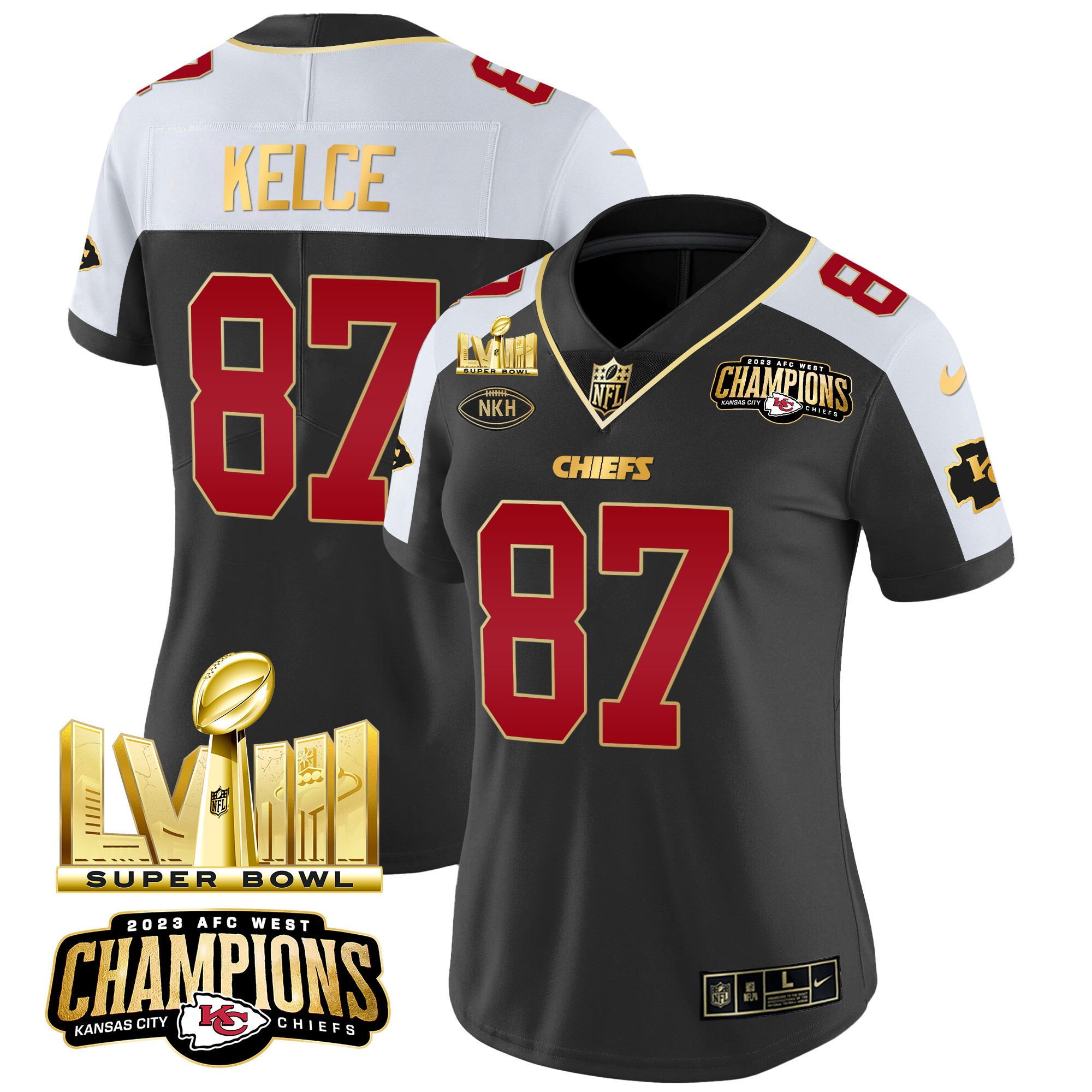 Travis Kelce Women's Kansas City Chiefs AFC West Champions & Super Bowl LVIII Gold Patch Vapor Black Alternate Jersey - All Stitched