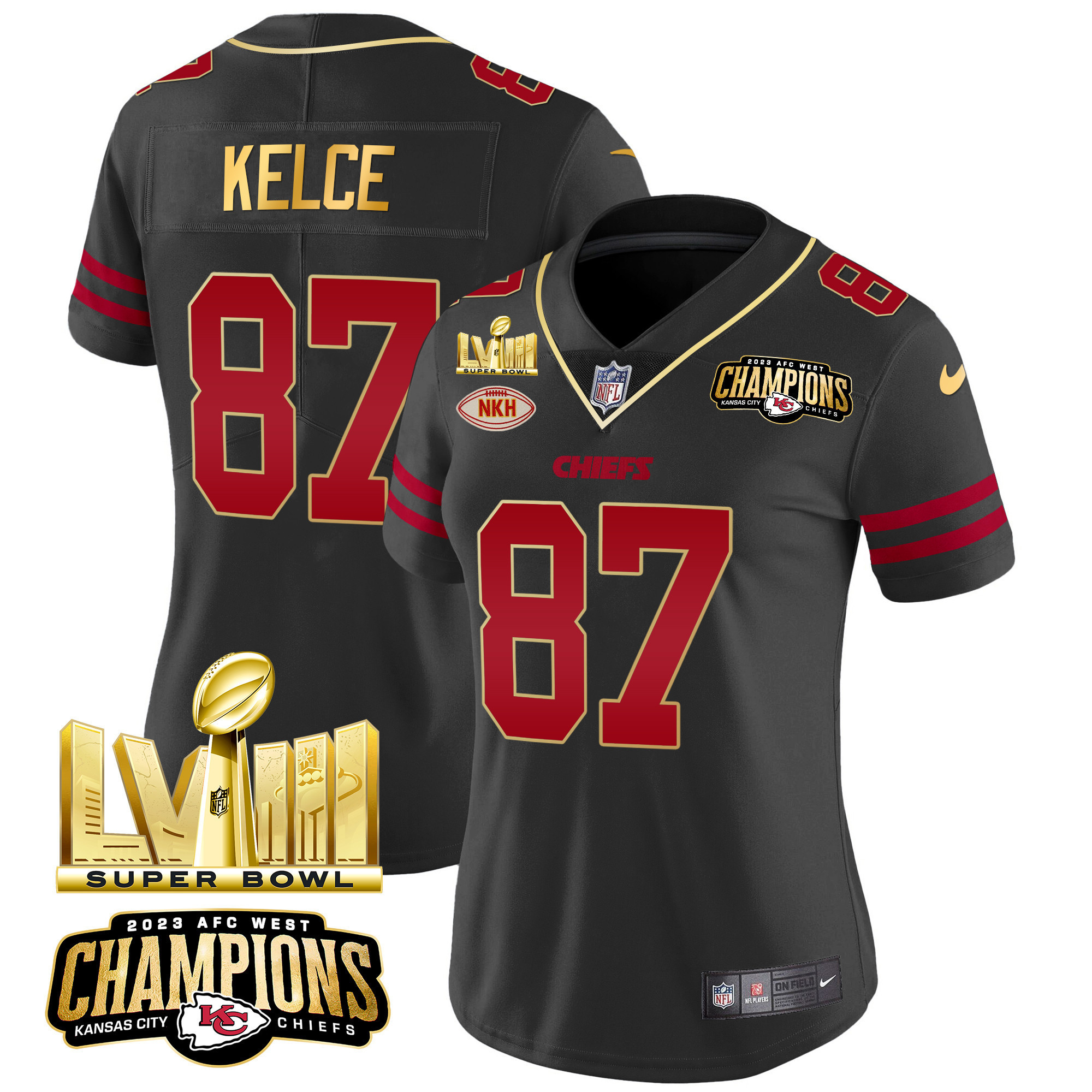 Travis Kelce Women's Kansas City Chiefs AFC West Champions & Super Bowl LVIII Gold Patch Vapor Gold Trim Jersey - All Stitched