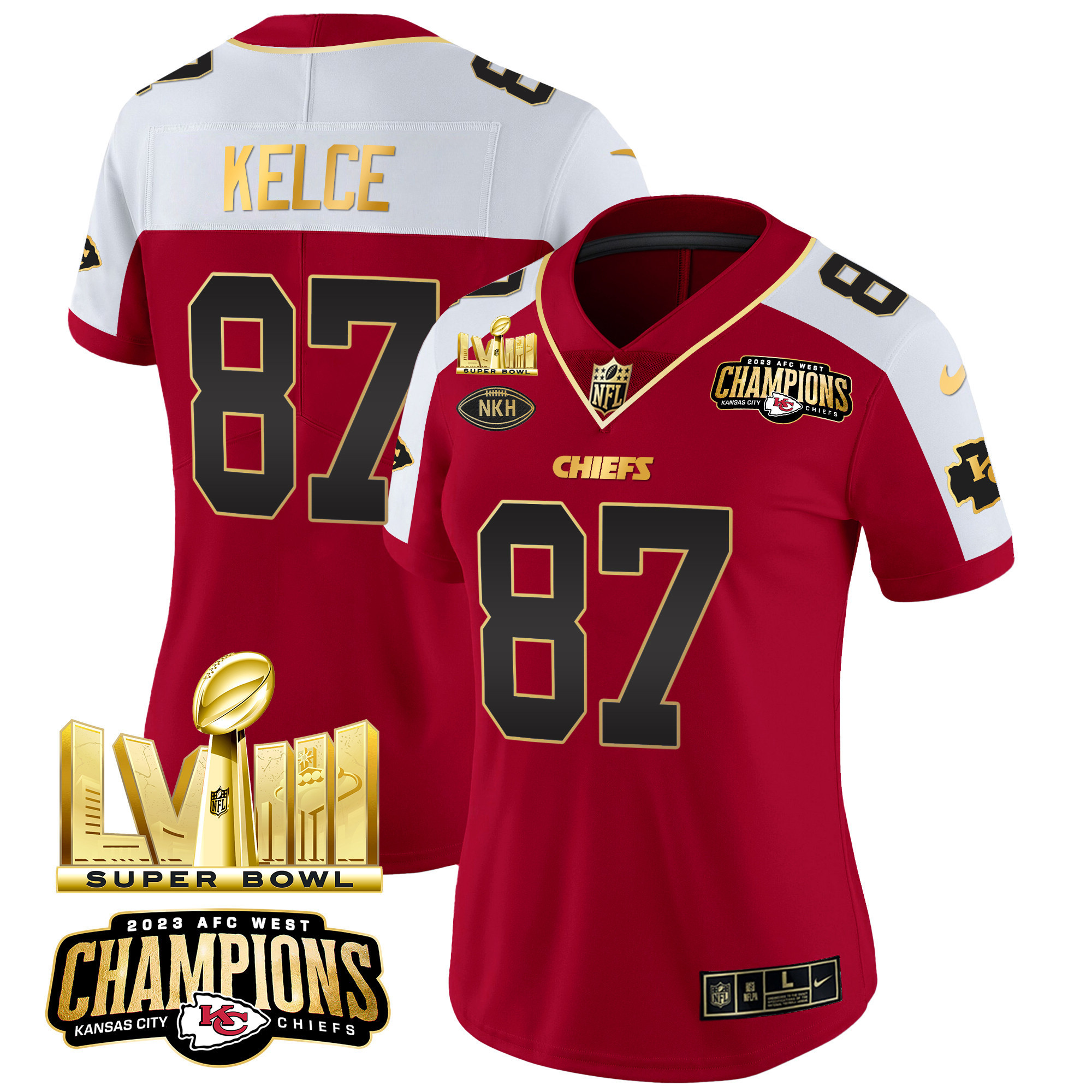 Travis Kelce Women's Kansas City Chiefs AFC West Champions & Super Bowl LVIII Gold Patch Vapor Red Alternate Jersey - All Stitched