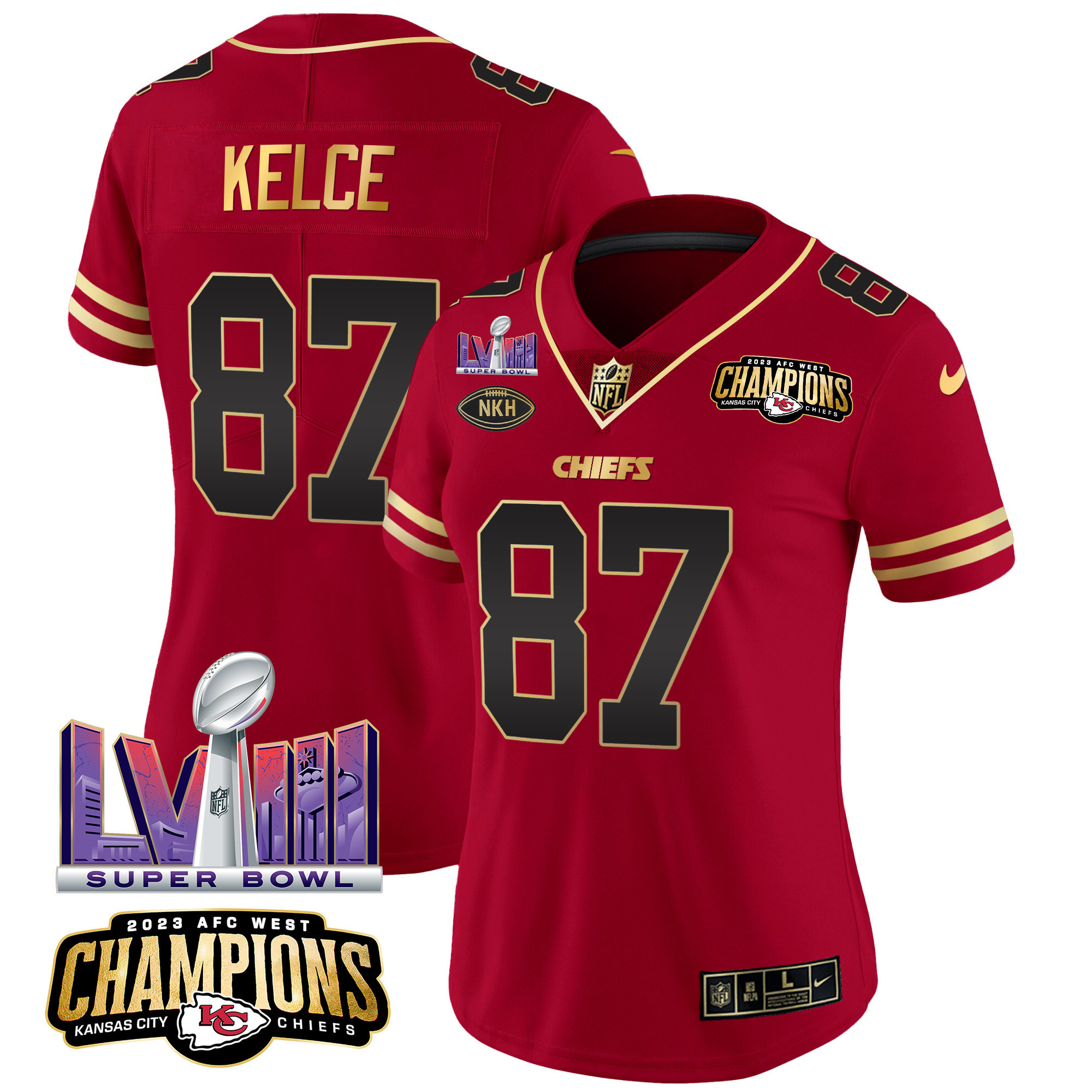 Travis Kelce Women's Kansas City Chiefs AFC West Champions & Super Bowl LVIII Patch Vapor Black Red Jersey - All Stitched
