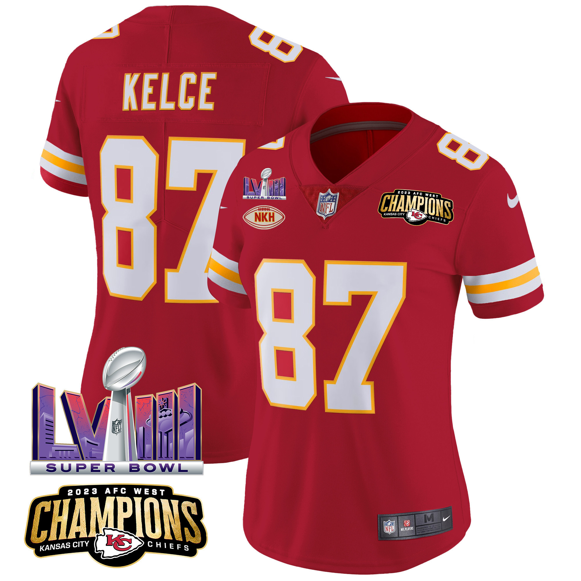 Travis Kelce Women's Kansas City Chiefs AFC West Champions & Super Bowl LVIII Patch Vapor Red Jersey - All Stitched