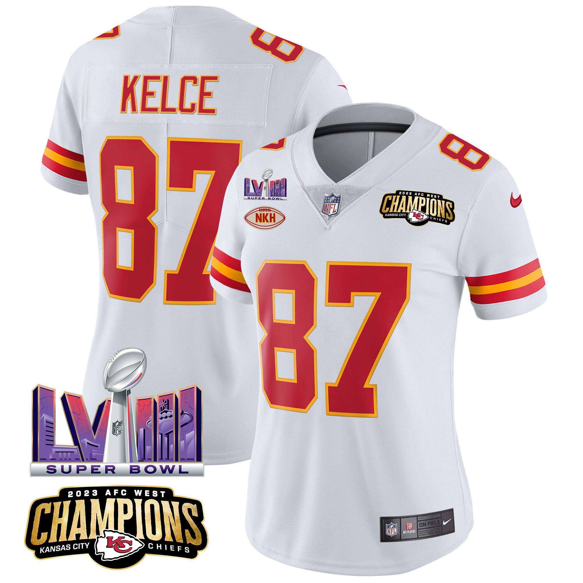 Travis Kelce Women's Kansas City Chiefs AFC West Champions & Super Bowl LVIII Patch Vapor White Jersey - All Stitched