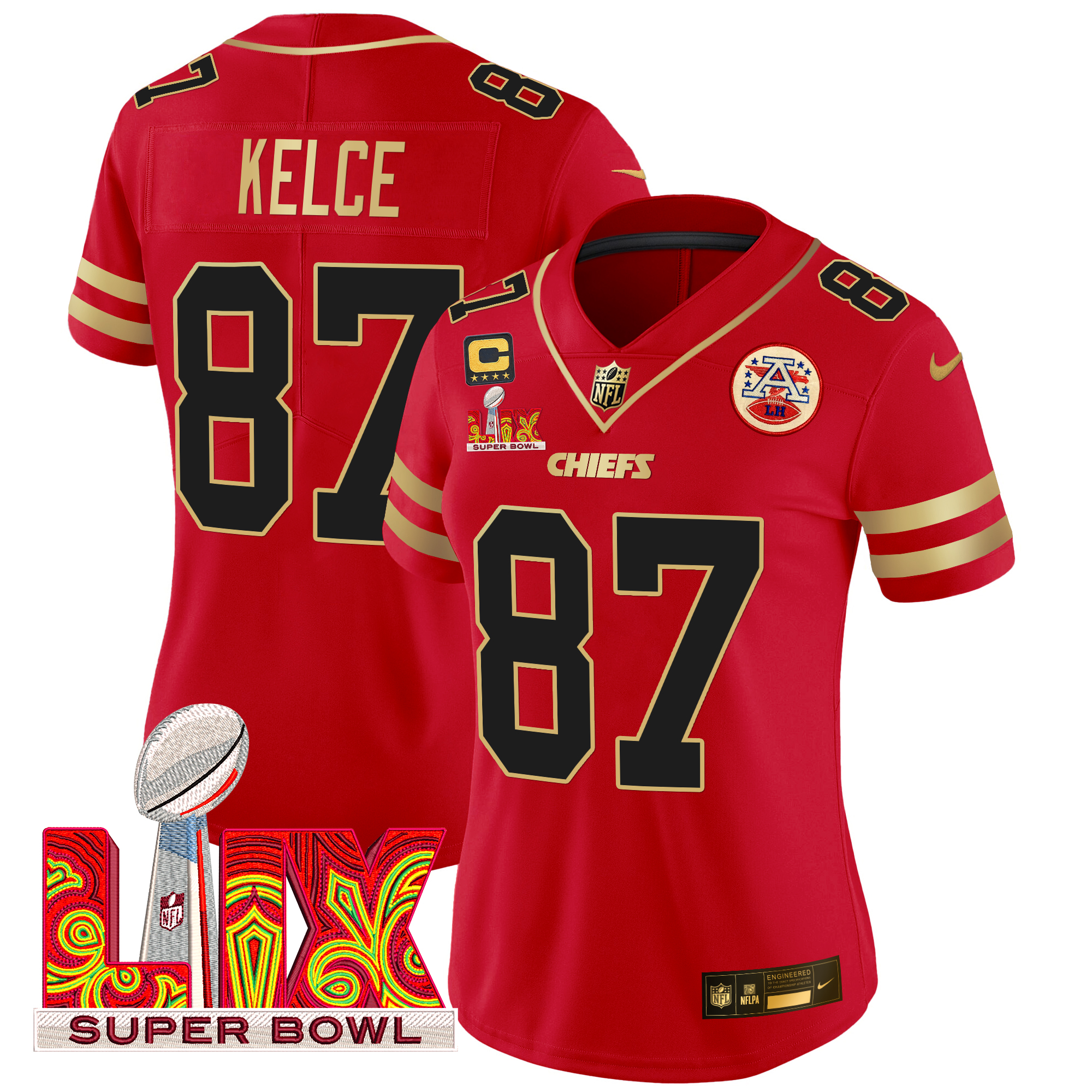 Travis Kelce Women's Kansas City Chiefs Super Bowl LIX Patch Gold Trim Vapor Limited Red Jersey - All Stitched