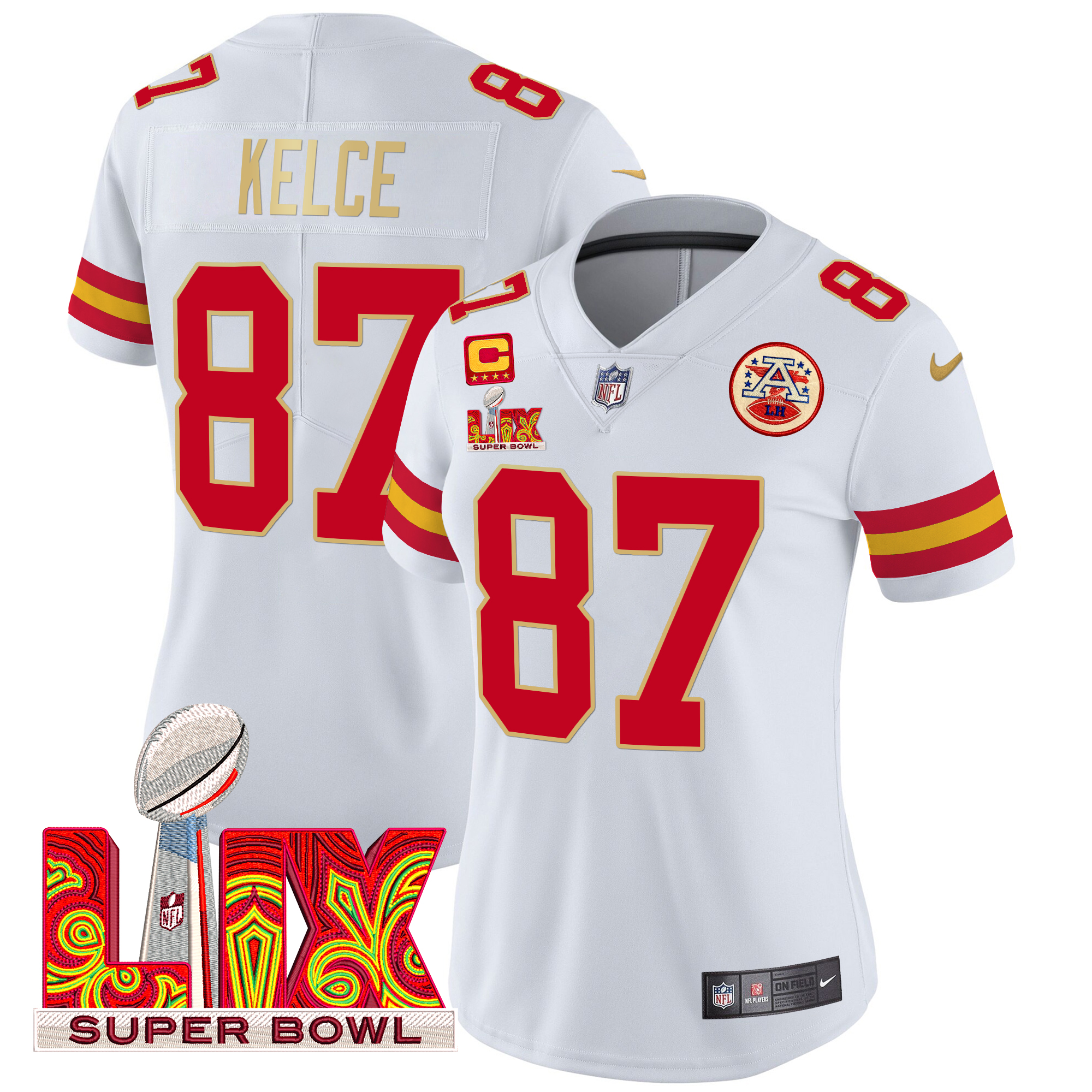 Travis Kelce Women's Kansas City Chiefs Super Bowl LIX Patch Gold Trim Vapor Limited White Jersey - All Stitched